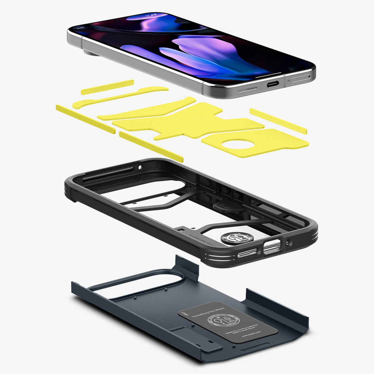 Explodierte Ansicht von Telefon und Gehäuseteilen. Ein Telefon, gelbe Einsätze und ein schwarzes Gehäuse werden gezeigt.