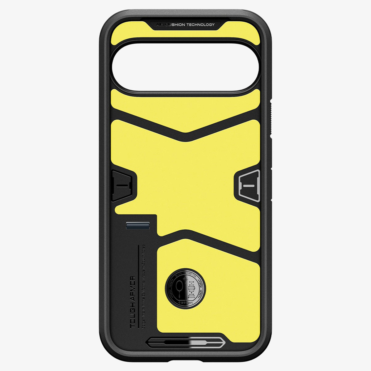 Eine Draufsicht auf eine schwarz-gelbe Handyhülle. Die Hülle hat „TOUGH ARMOR“ und ein Logo.