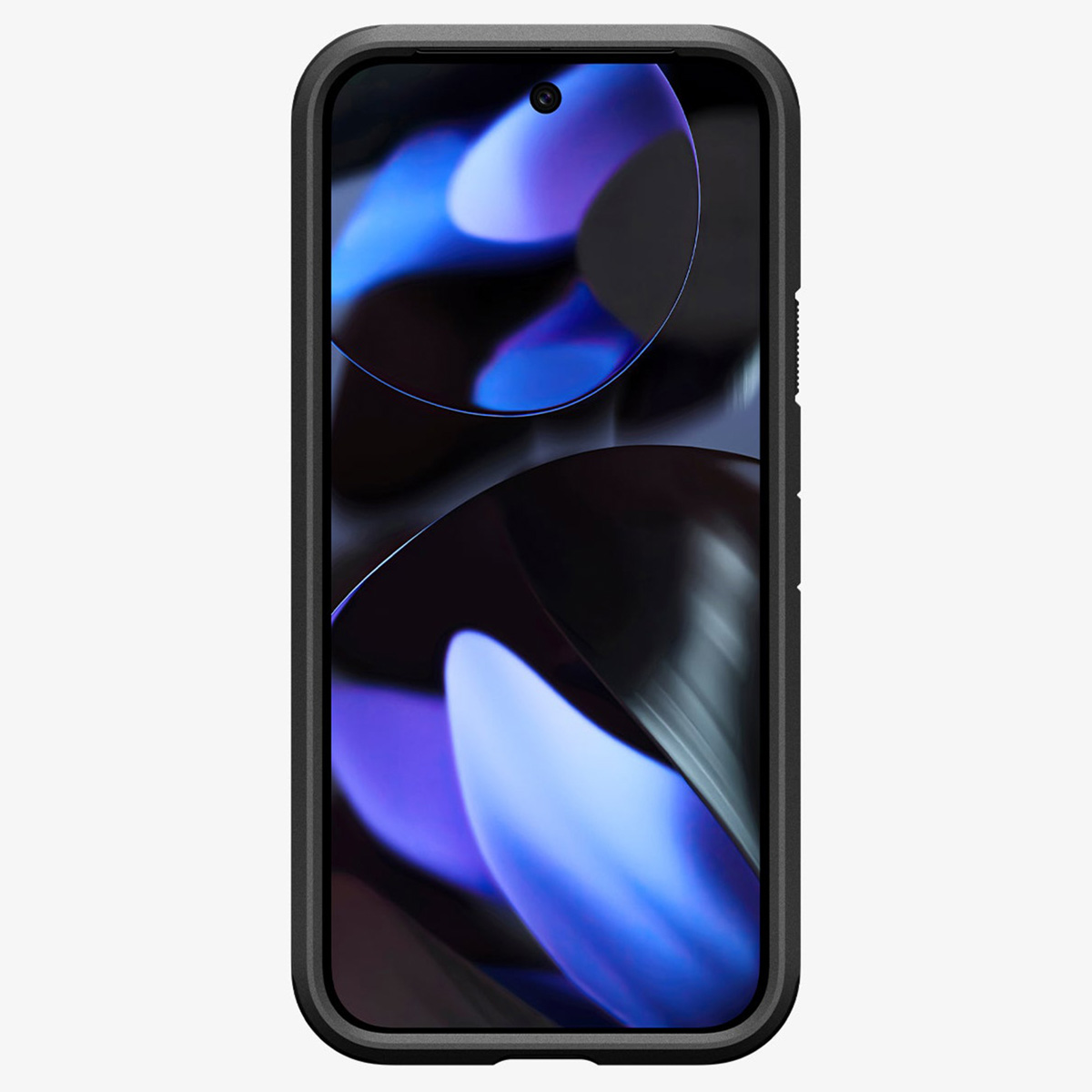 Ein Telefon in einer schwarzen Hülle. Der Bildschirm zeigt ein blaues und violettes abstraktes Design.