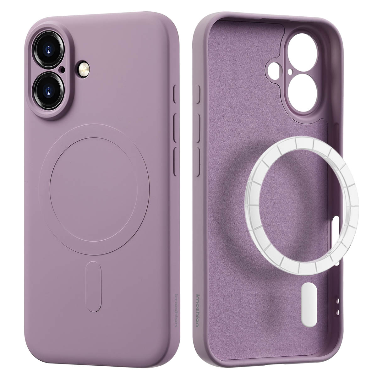 Coque d'iPhone violette. Vues avant et arrière. À l'intérieur, un cercle blanc.