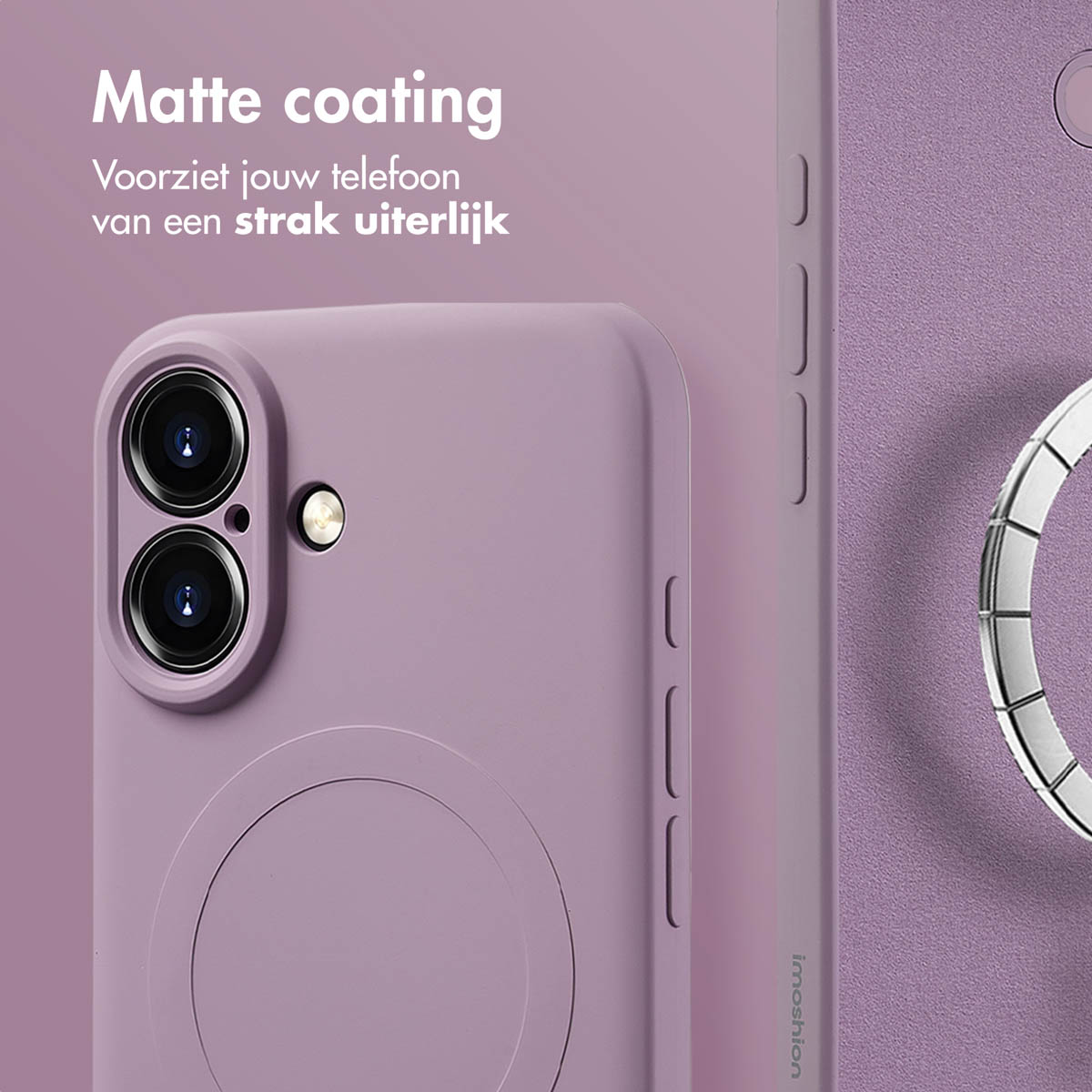 Coque de téléphone violette avec téléphone et porte-anneau. Le texte en haut dit 'Revêtement mat'.