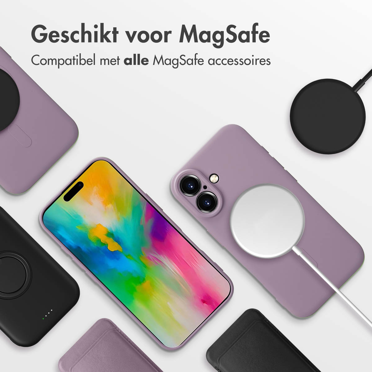 Divers étuis de téléphone et un téléphone avec un écran coloré et des chargeurs sans fil.