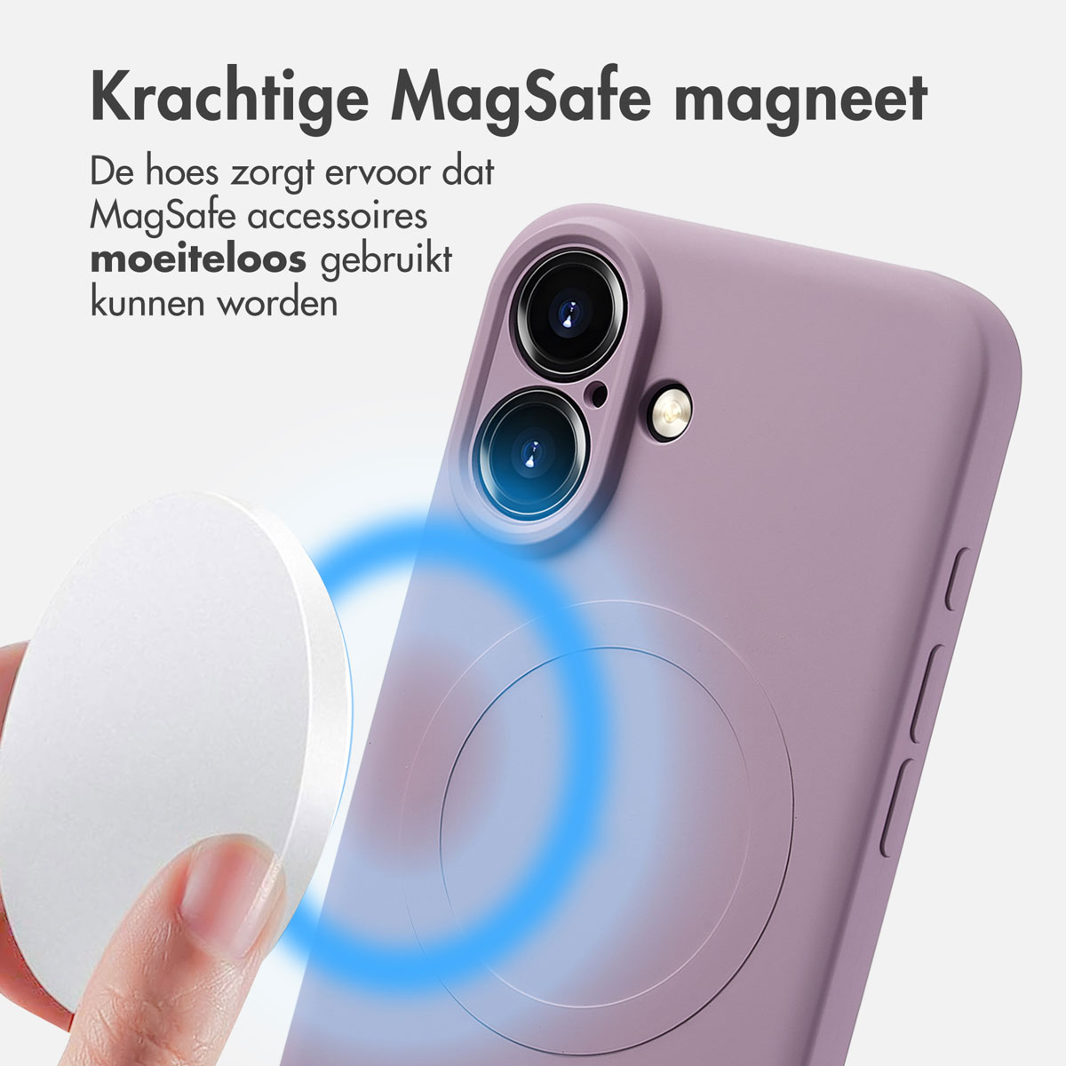 Une coque de téléphone violette avec un accessoire magsafe blanc. Le texte en haut dit 'Aimant MagSafe'.