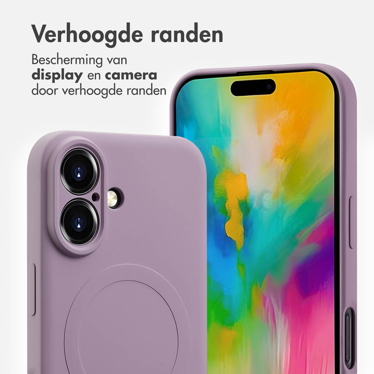 Deux coques de téléphone lavande, dont une avec un téléphone à l'intérieur. Le texte indique la protection de l'écran et de l'appareil photo.