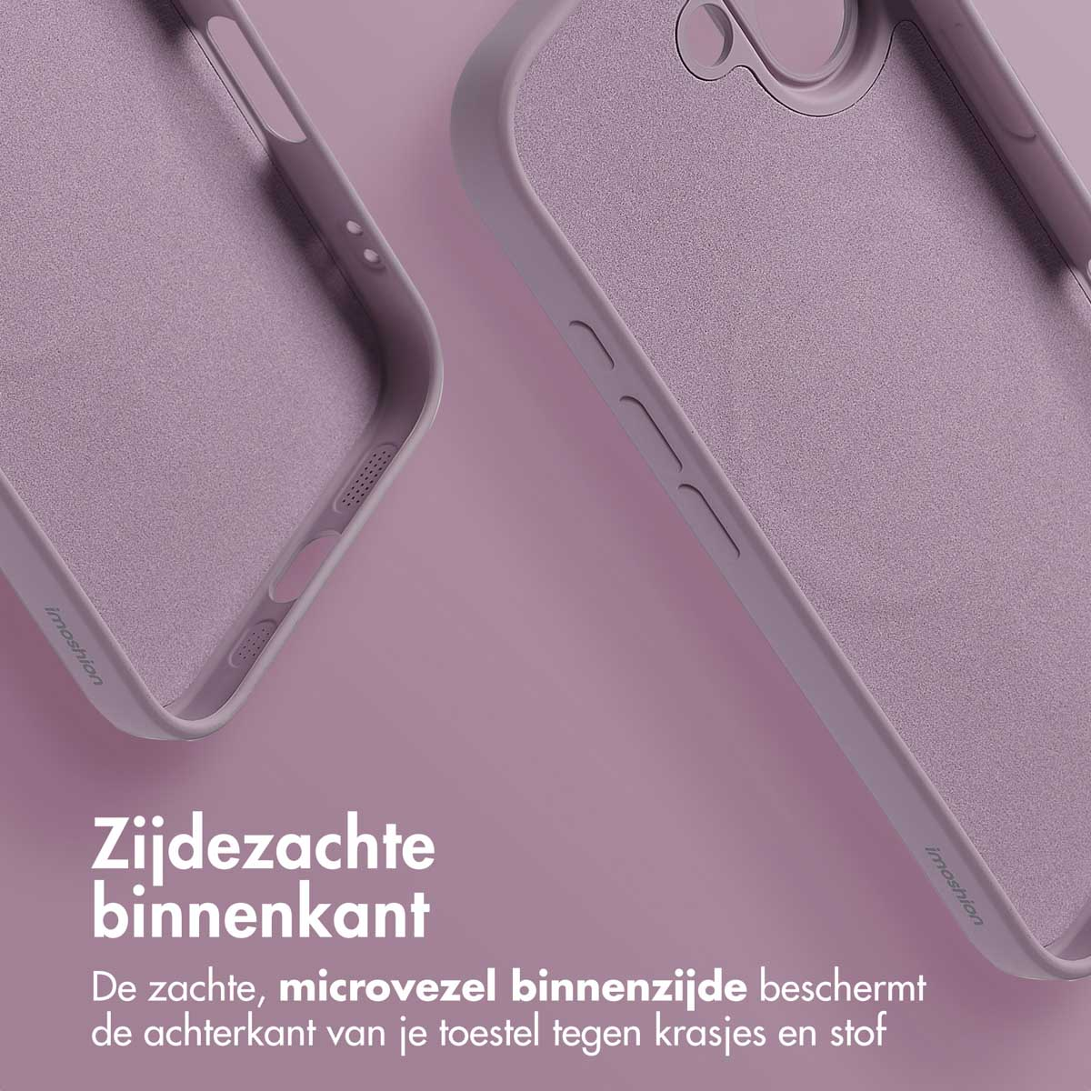 Deux coques de téléphone, montrant l'intérieur et l'extérieur, avec du texte soulignant la doublure douce.
