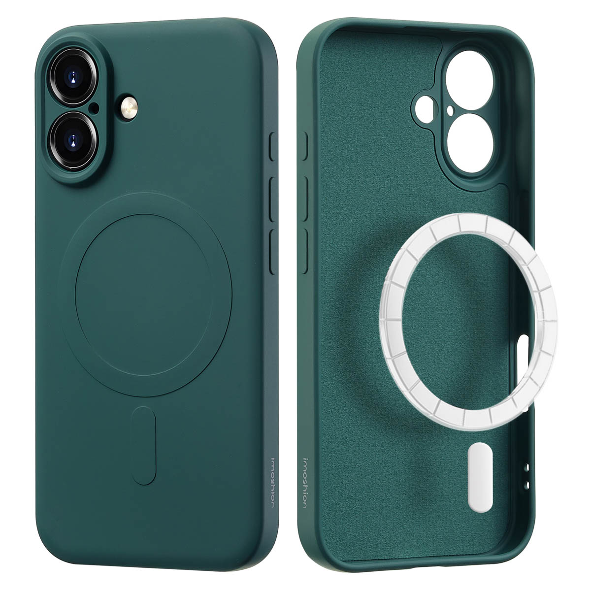 Deux coques de téléphone vertes, une avec un cercle et une ouverte, montrant l'intérieur. Fond blanc.