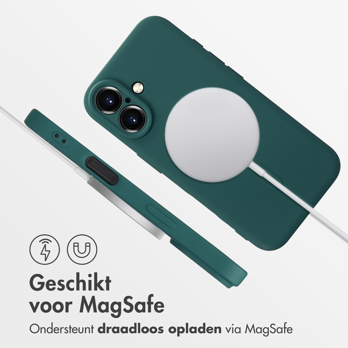 Coque de téléphone verte avec chargeur MagSafe blanc attaché, charge sans fil.