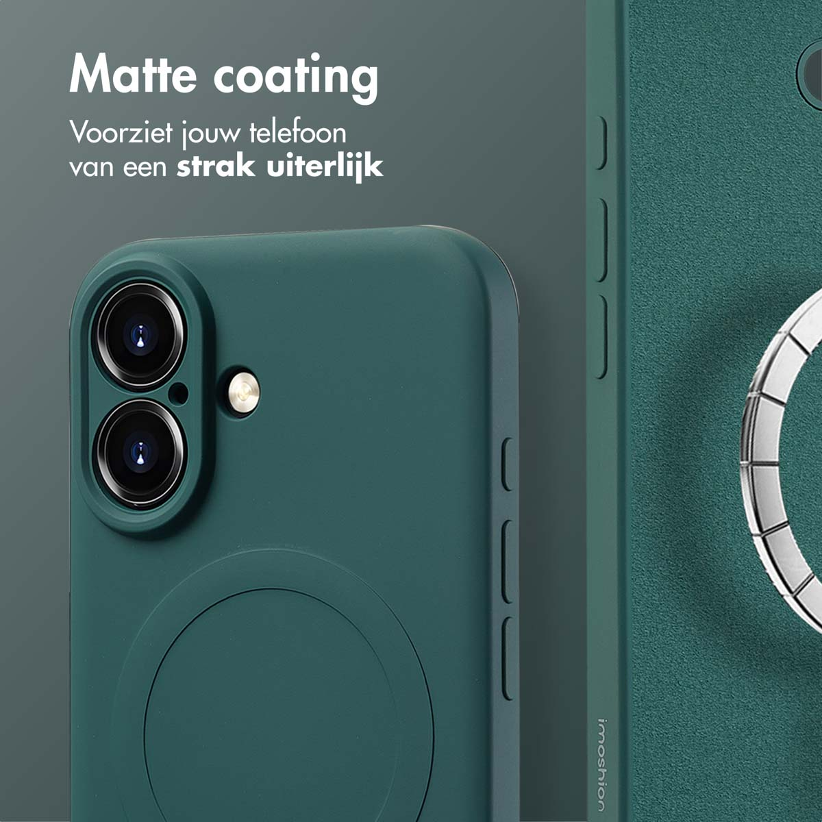Coque de téléphone vert foncé avec un porte-anneau. Le texte en haut dit 'Revêtement mat'. Téléphone à droite.