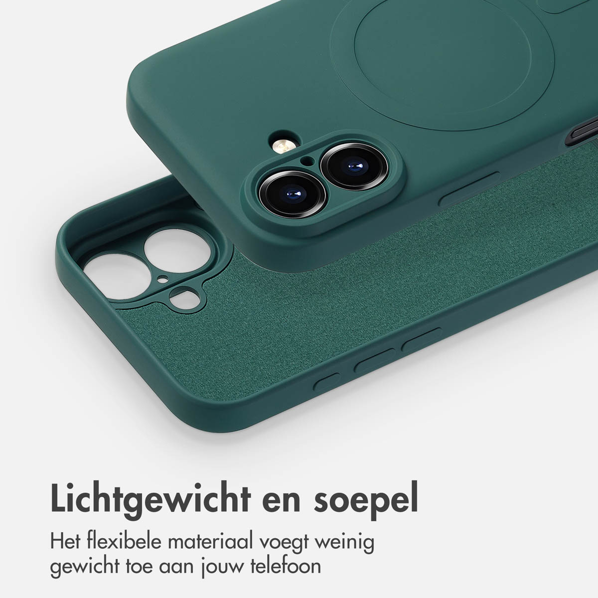 Coque de téléphone verte et un téléphone, avec une découpe circulaire.