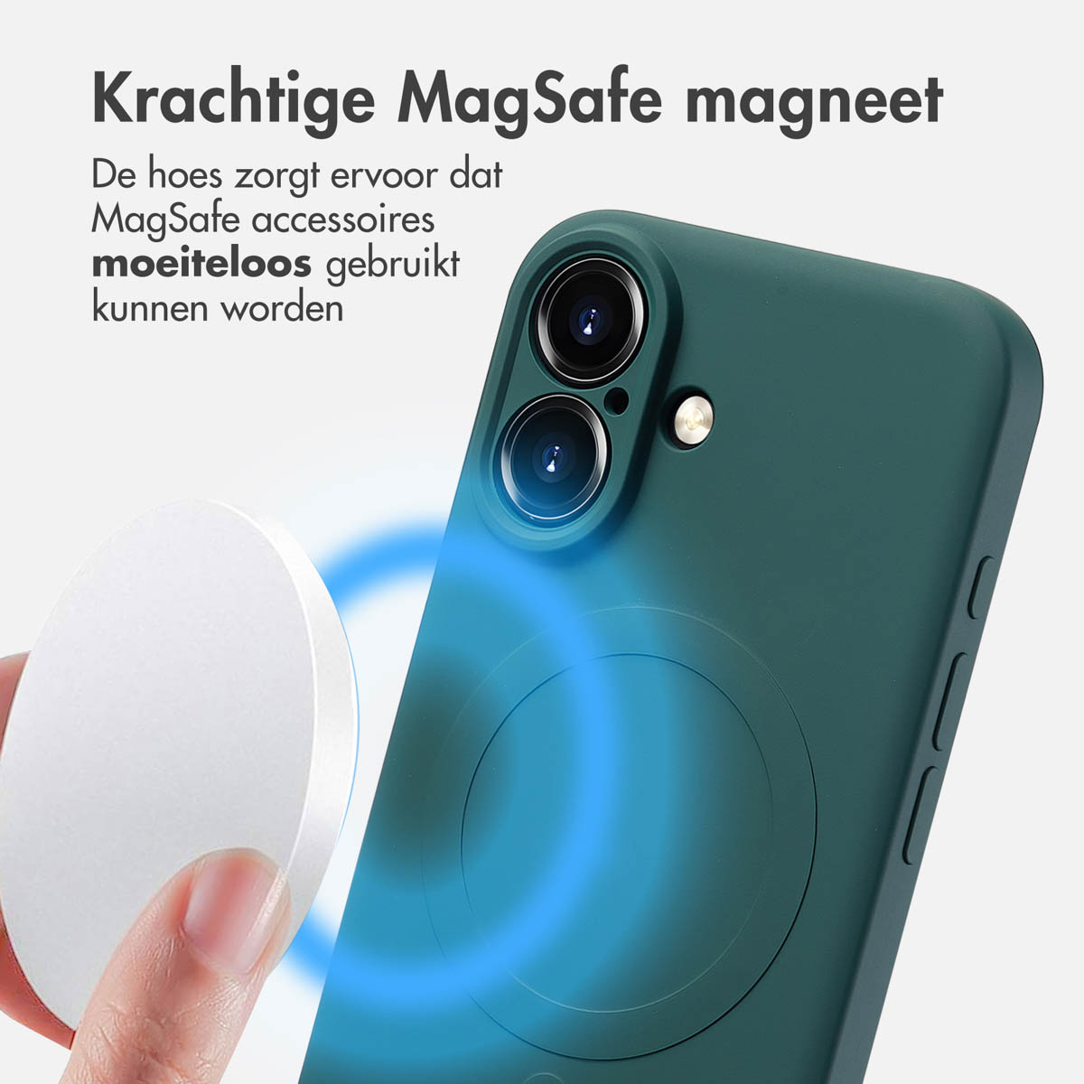 Coque de téléphone verte avec un chargeur MagSafe blanc à proximité.