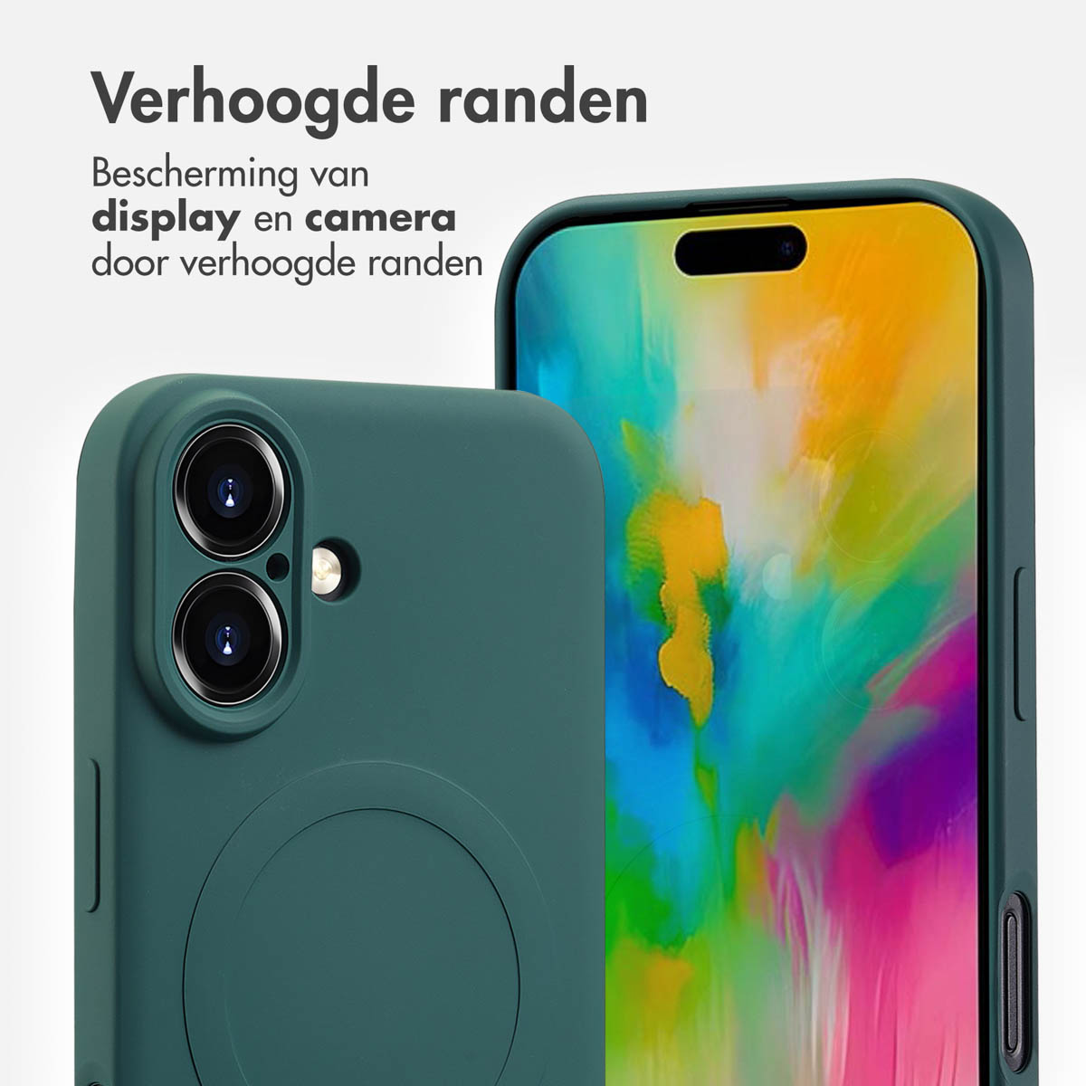 Coque de téléphone vert d'eau avec un design circulaire noir. Texte : Schutz, Verhoogde randen, display en camera.