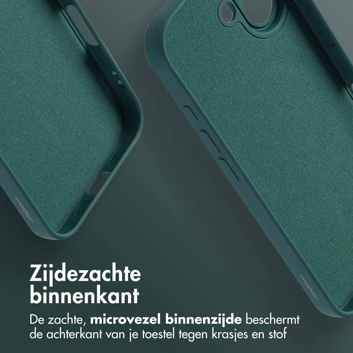 Deux coques de téléphone vert d'eau. Texte: 'Intérieur doux'. Protège des rayures et de la poussière.