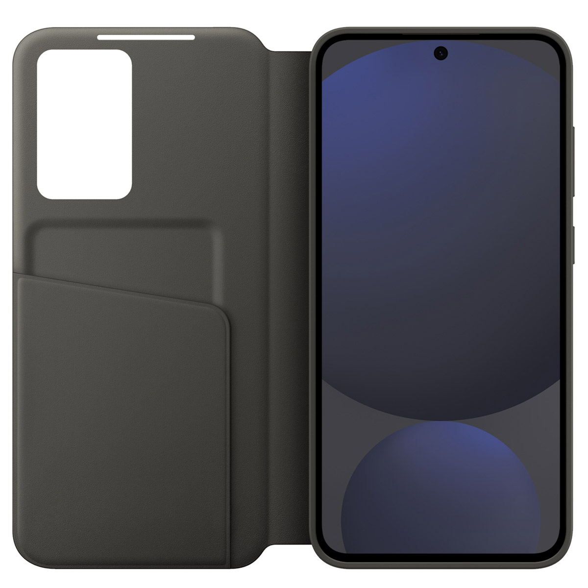 Funda de teléfono abierta con exterior verde oscuro, teléfono con pantalla negra y ranura para tarjetas.