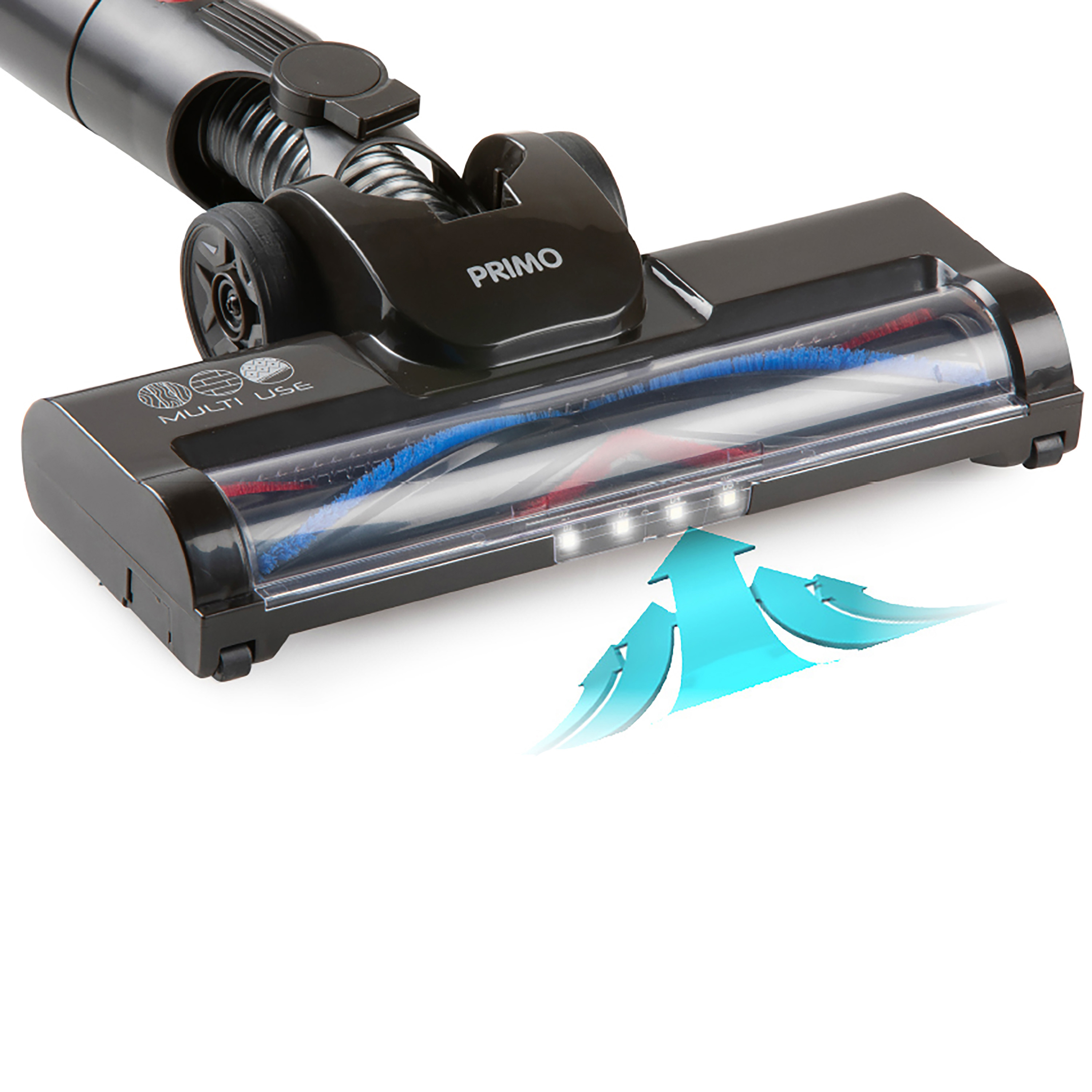 Gros plan d'une tête d'aspirateur noire avec une flèche bleue. Il a une brosse et la marque 'PRIMO'.