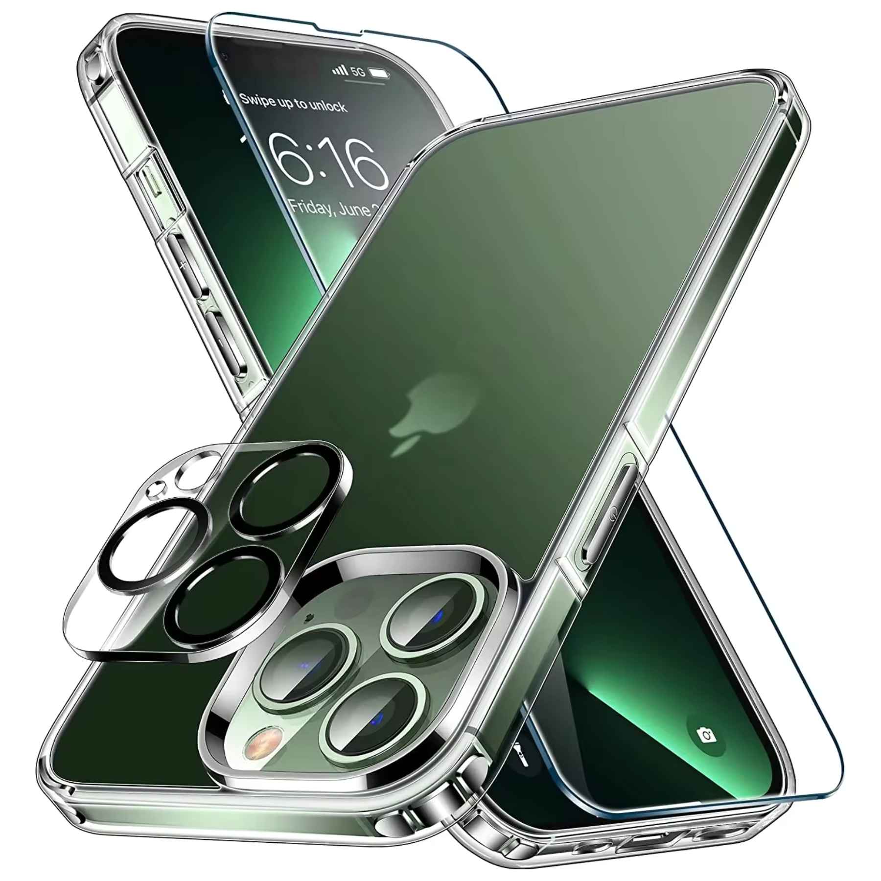 Ein Telefon mit transparentem Gehäuse. Das Telefon ist grün und hat drei Kameralinsen.