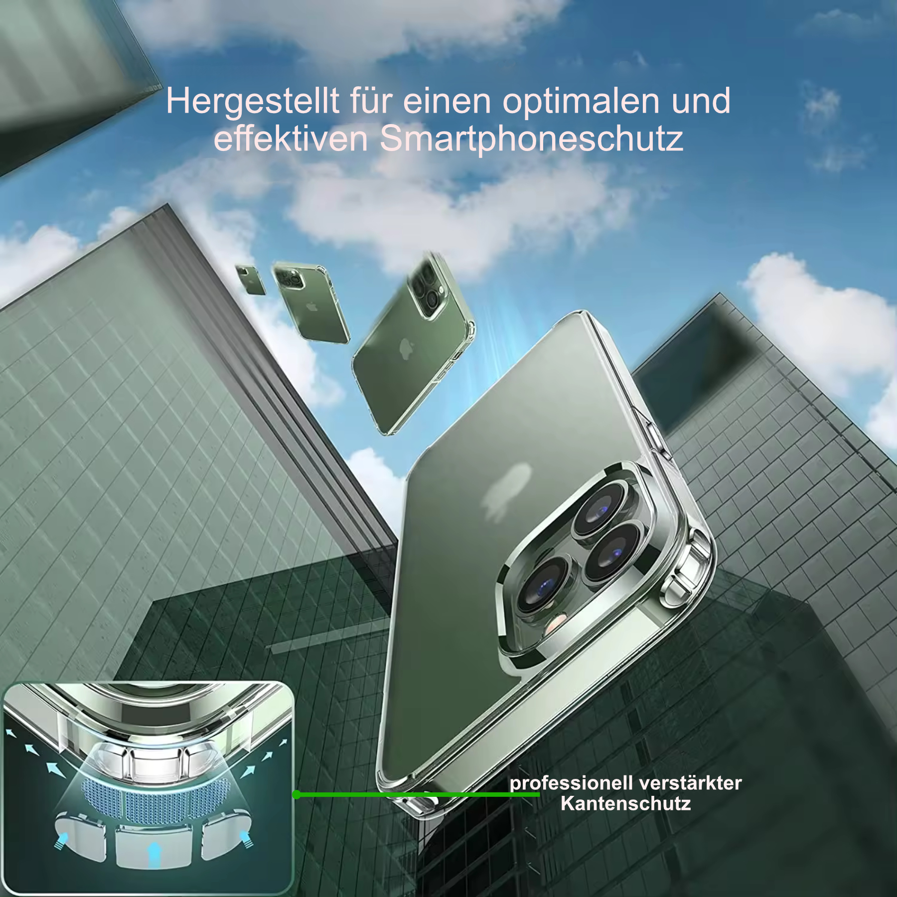 Handyhüllen in urbaner Umgebung, mit Textüberlagerung.