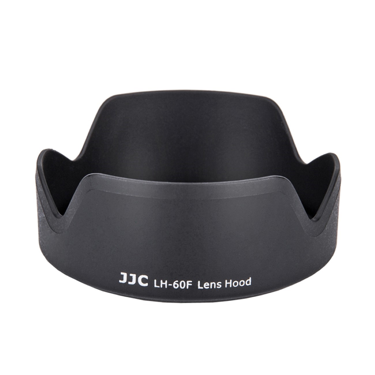 Schwarze Sonnenblende mit JJC und LH-60F. Weißer Hintergrund.