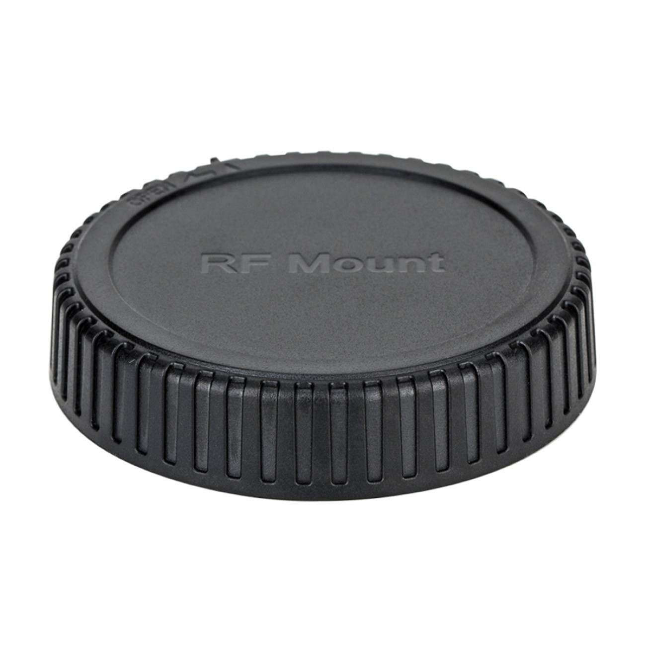Schwarzer Objektivdeckel mit der Aufschrift 'RF Mount'. Nahaufnahme.