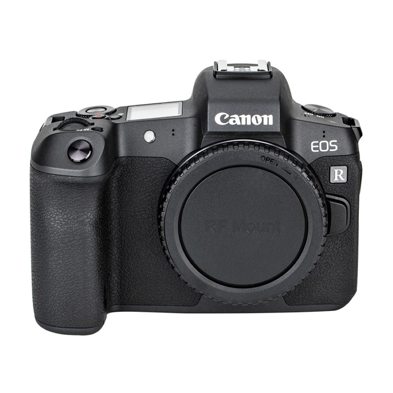Schwarze Canon EOS R Kamera mit angesetztem Objektiv, und dem Wort 'Canon' oben.