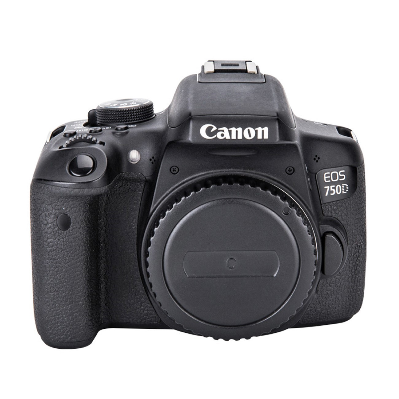 Schwarze Canon EOS 750D Kamera mit Objektivdeckel, vor weißem Hintergrund.