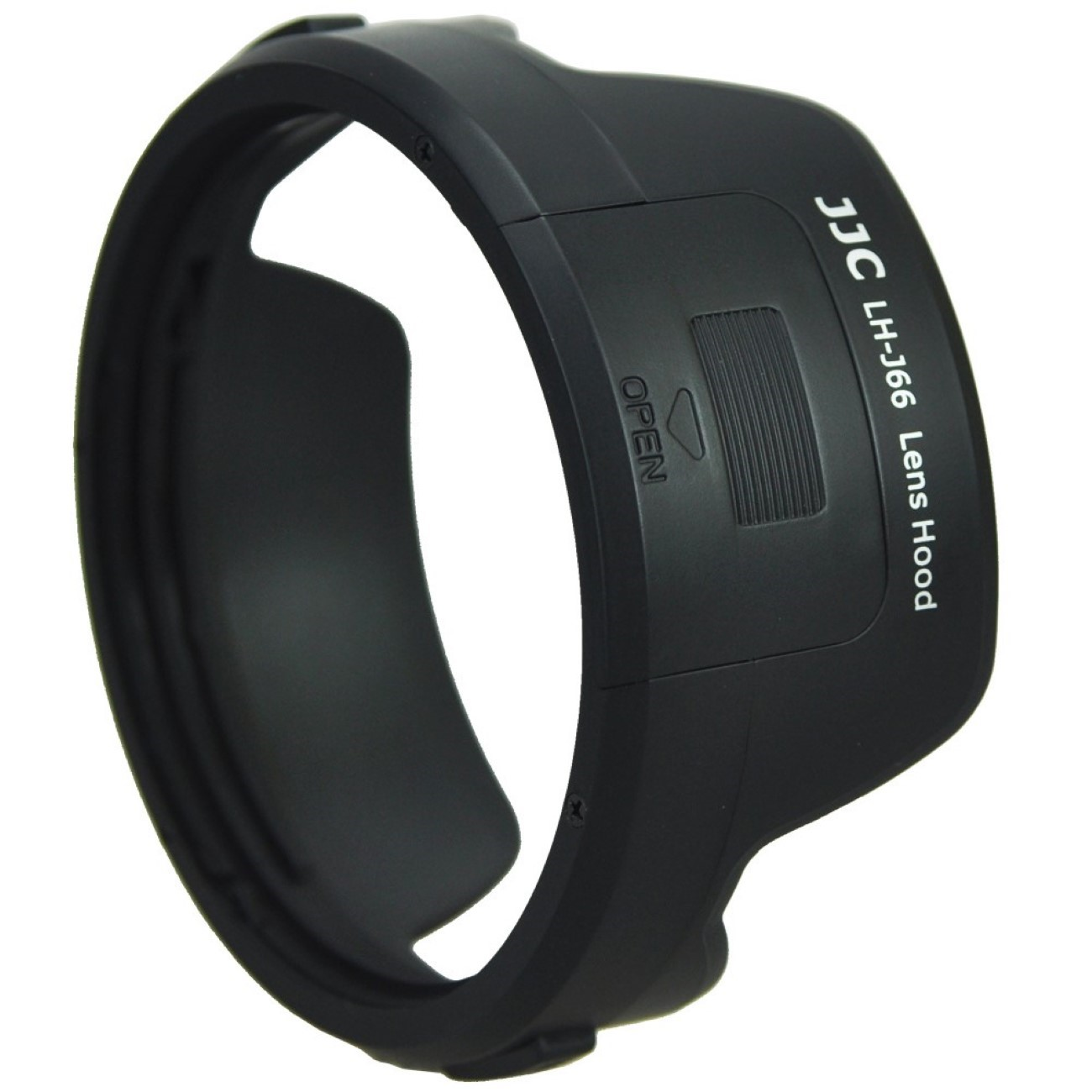 Schwarze Objektiv-Gegenlichtblende mit Text 'JJC LH-J66 Lens Hood' und einem 'OPEN'-Pfeil. Weißer Hintergrund.