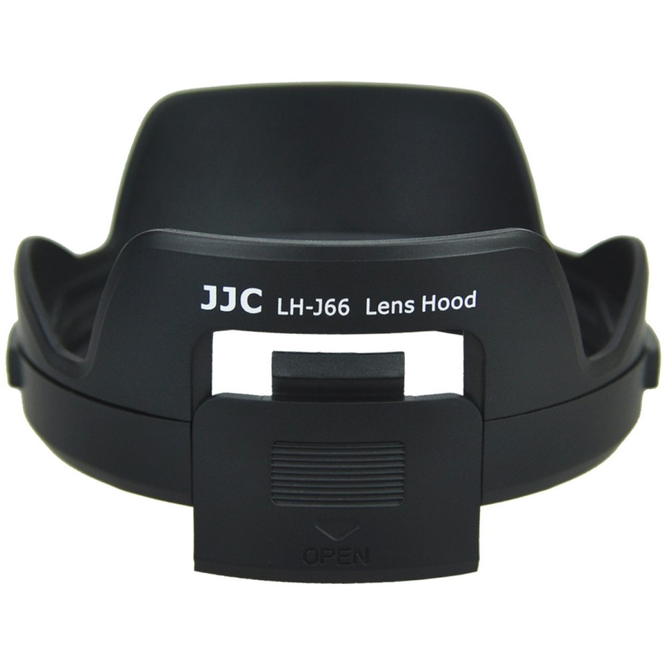 Schwarze Sonnenblende mit Text 'JJC LH-J66 Lens Hood' auf weißem Grund.