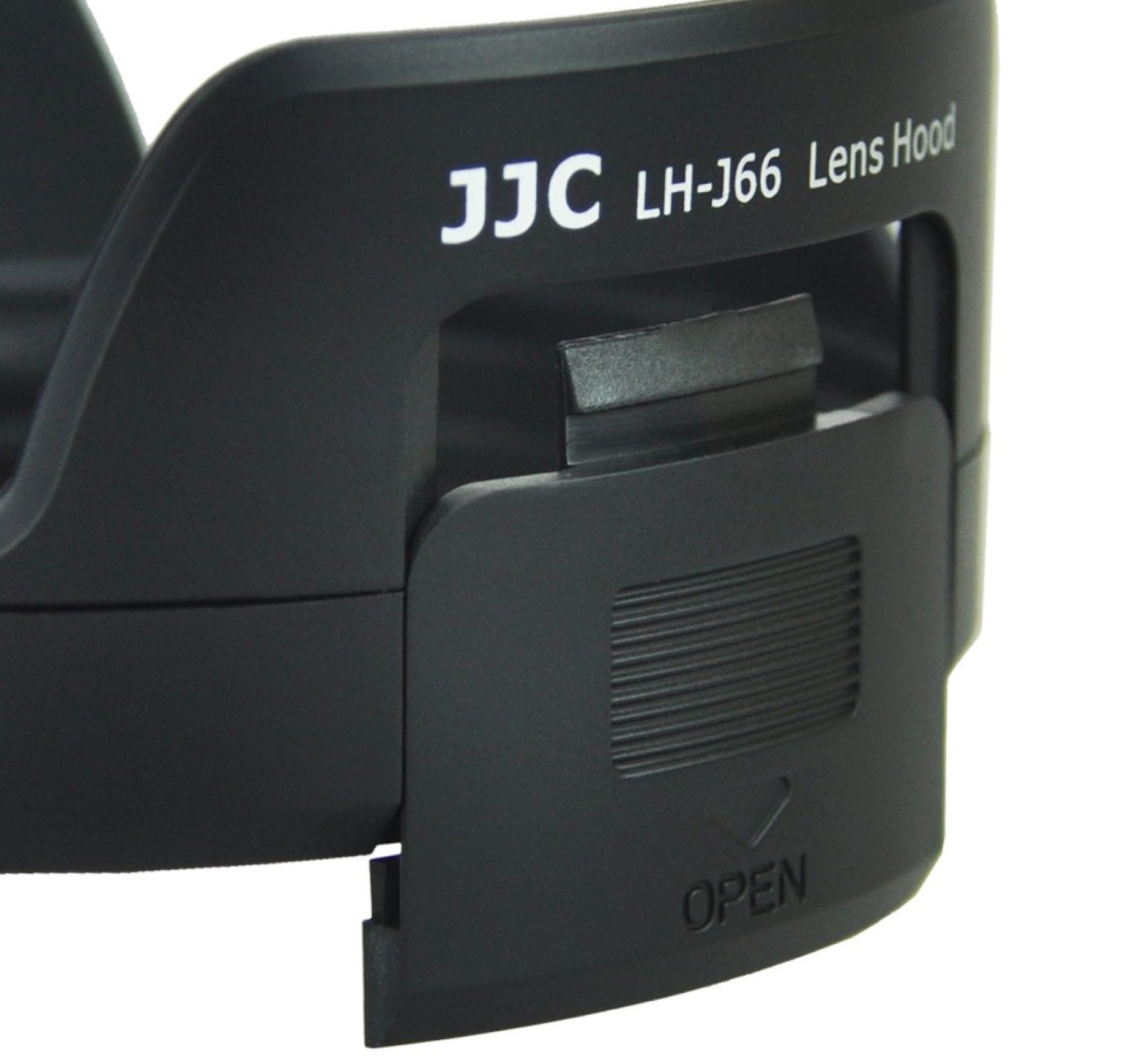 Schwarze Gegenlichtblende mit Text 'JJC LH-J66 Lens Hood' und 'OPEN'.