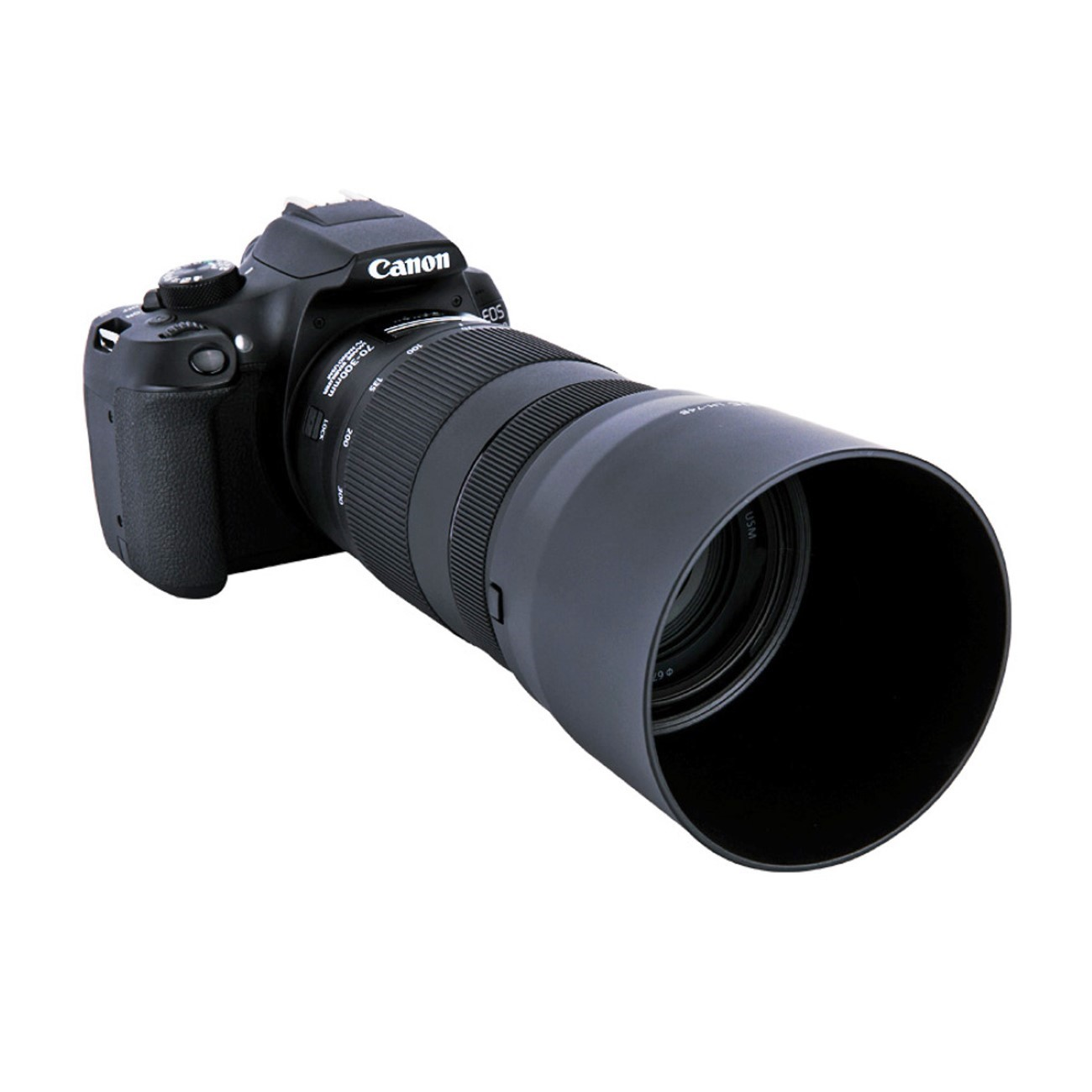 Eine schwarze Canon DSLR-Kamera mit einem langen Objektiv, nach rechts abgewinkelt, auf weißem Hintergrund.