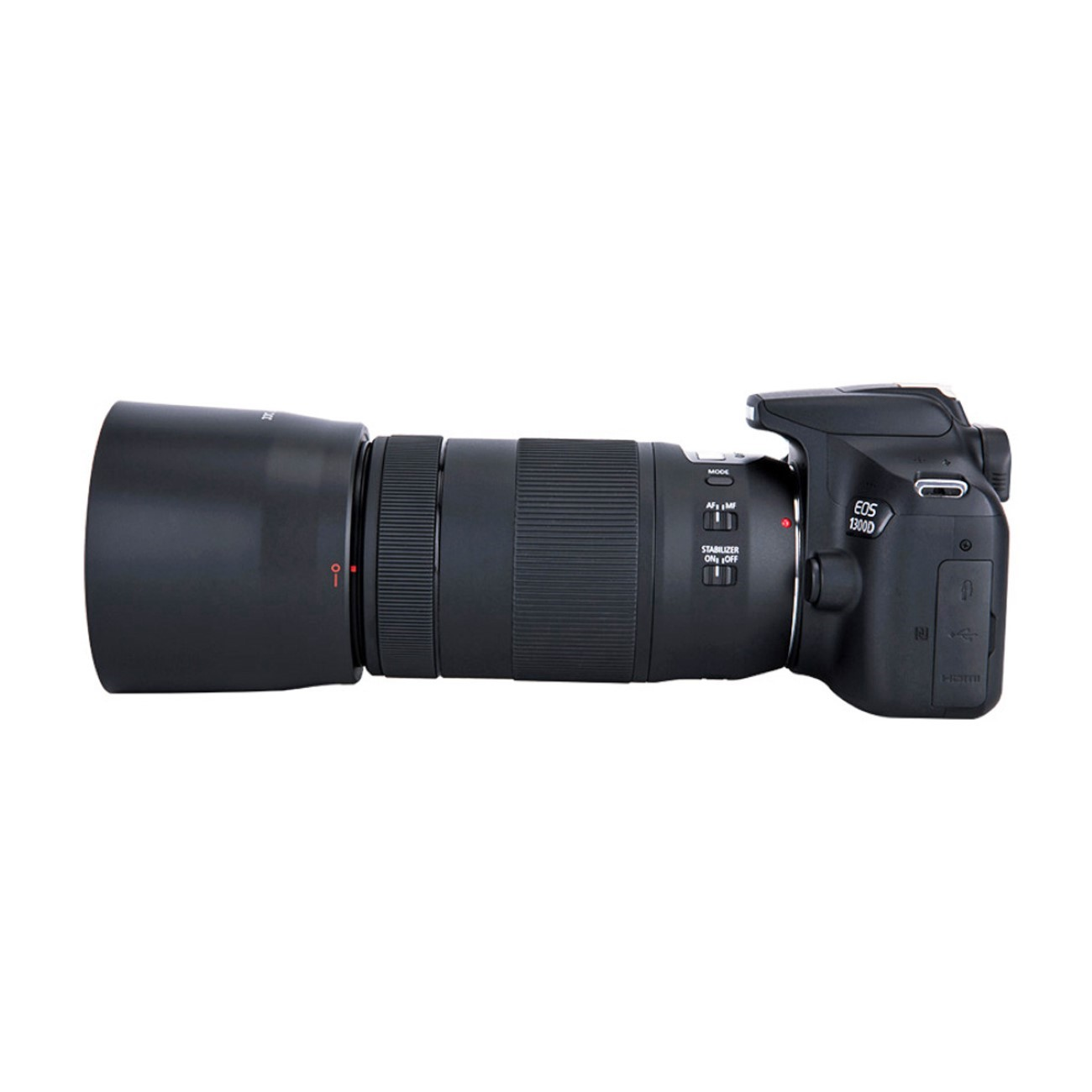 Canon Kamera mit langem schwarzen Objektiv, vor weißem Hintergrund.