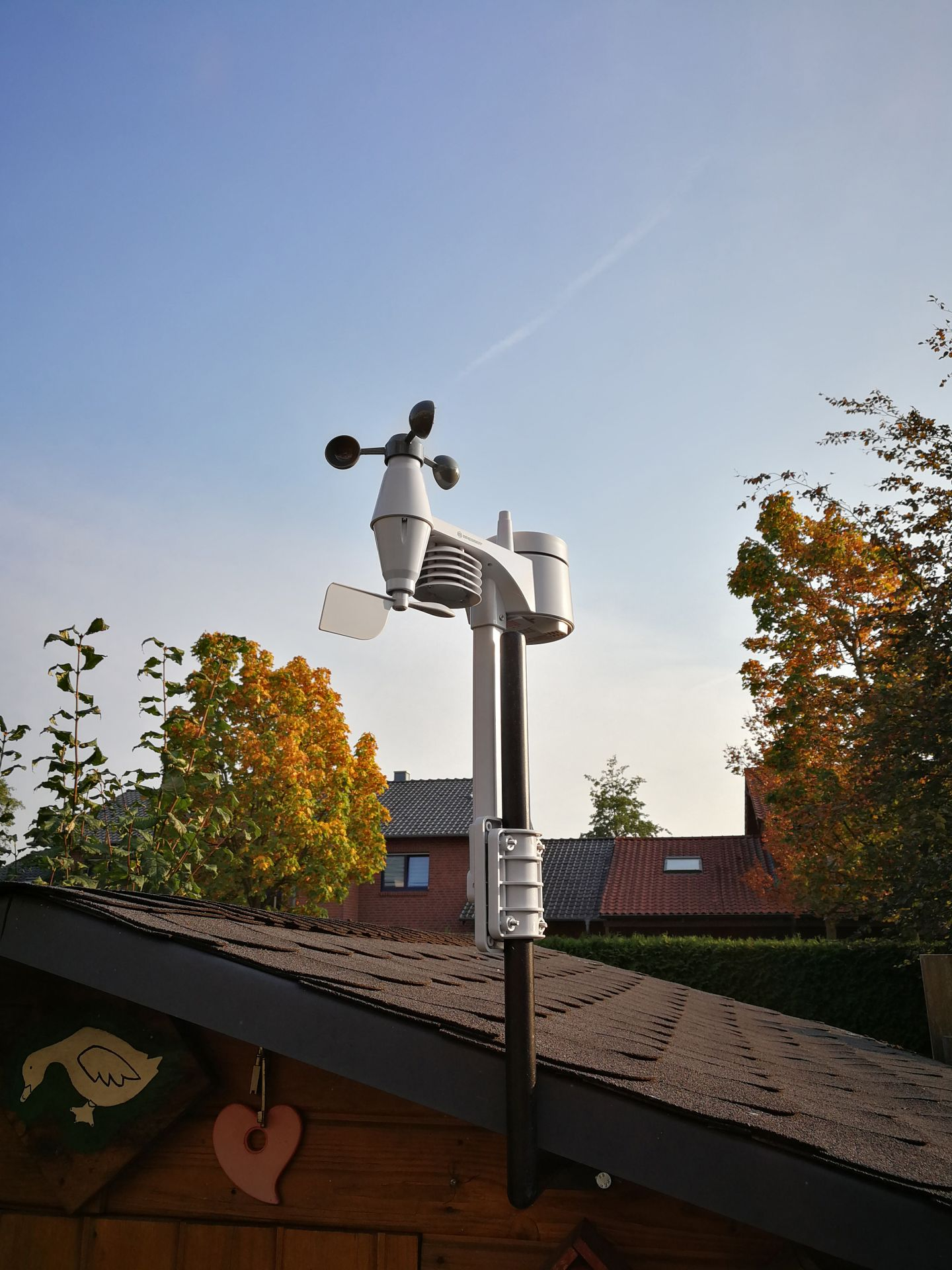 Wetterstation auf einem Holzschuppendach mit Bäumen und blauem Himmel im Hintergrund.