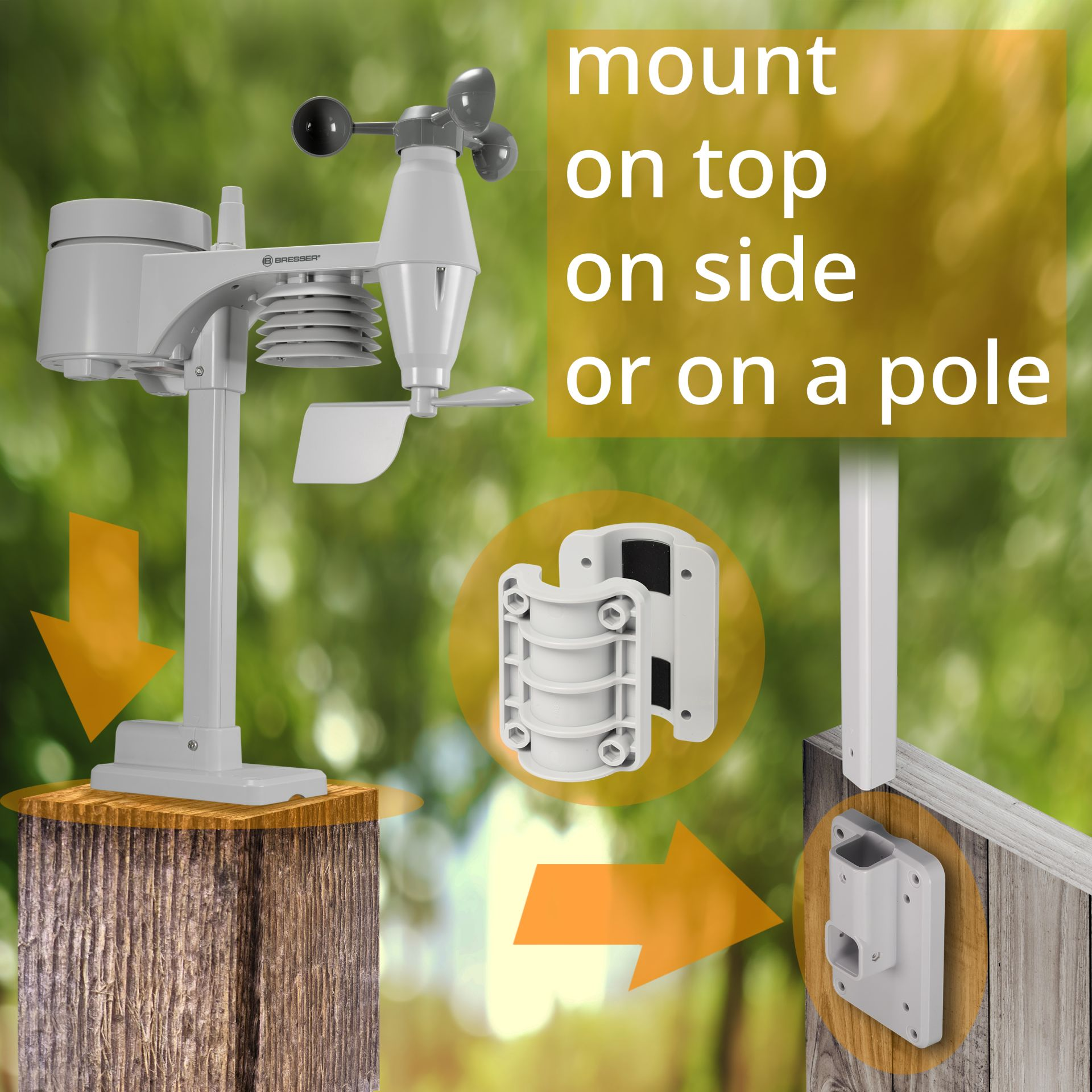 Eine weiße Wetterstation auf einem Holzpfosten. Pfeile zeigen auf Montageoptionen.