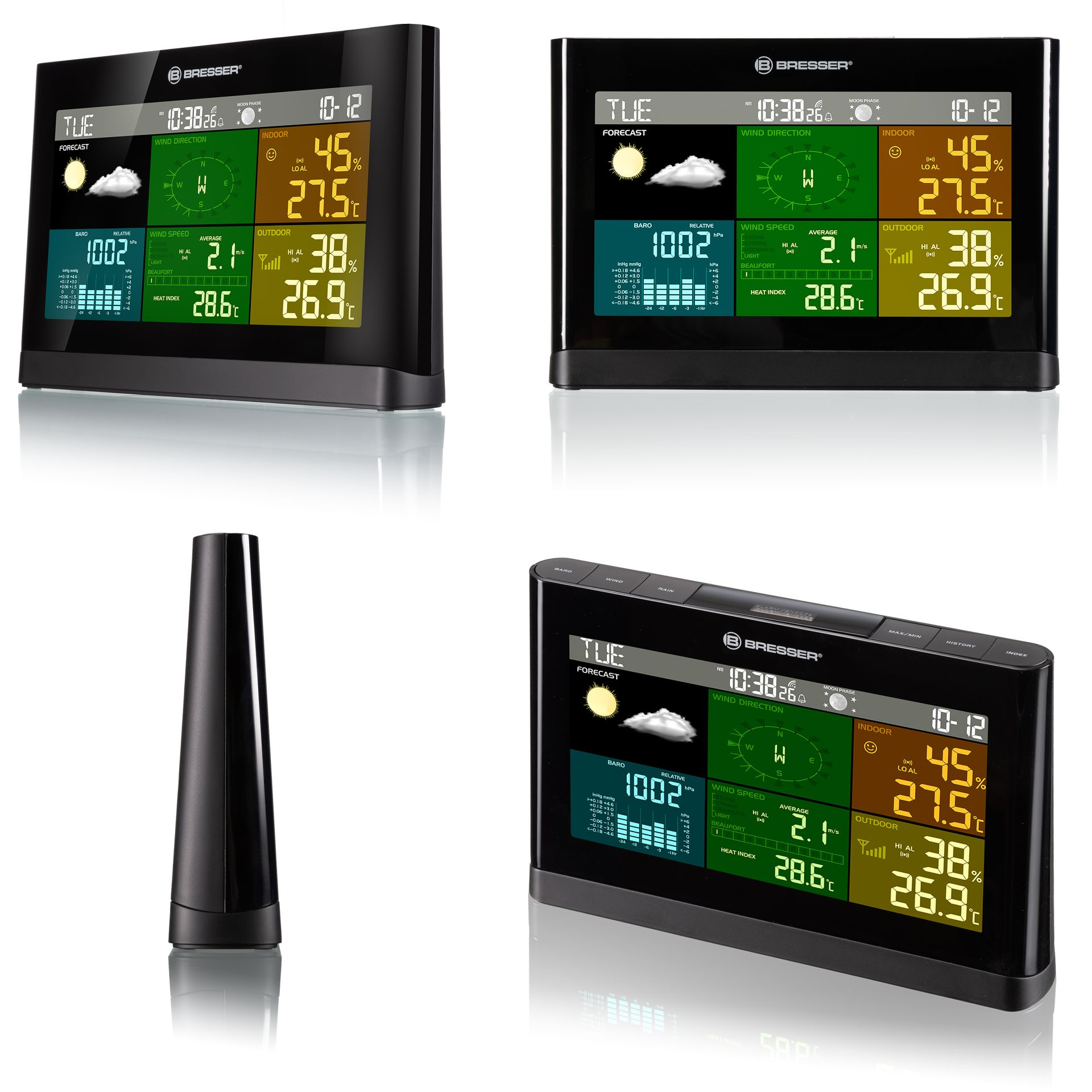 Schwarze Wetterstation mit Display. Zeigt Zeit, Temperatur und Vorhersage an. Mehrere Ansichten und ein Sensor.