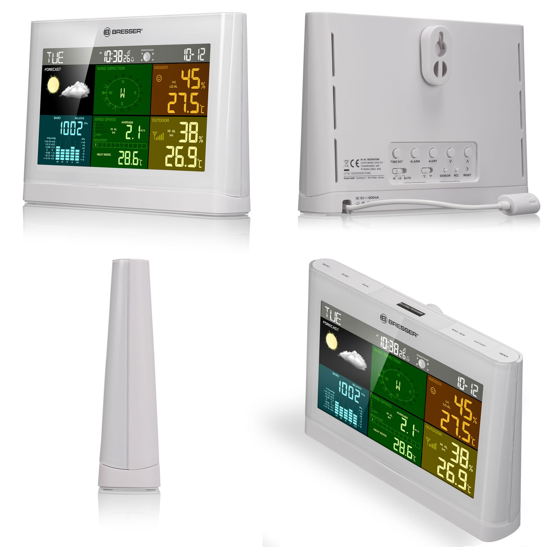 Weiße Wetterstation mit Display, das Zeit, Vorhersage und Messwerte anzeigt. Inklusive Sensor.