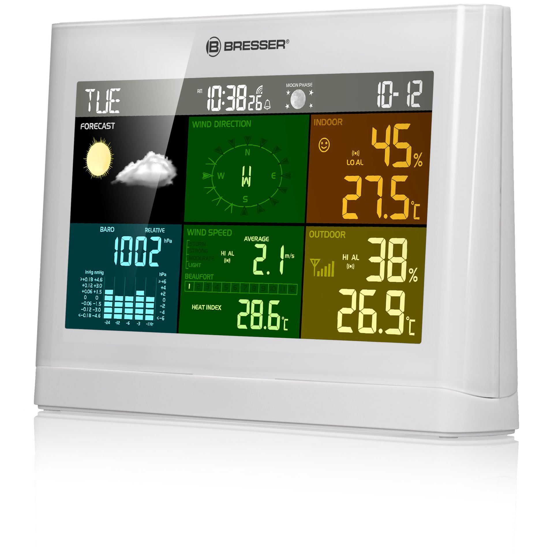 Digitale Wetterstation. Weißer Rahmen. Zeigt Wetterdaten, Uhrzeit und Temperatur an. Isoliert auf weißem Hintergrund.
