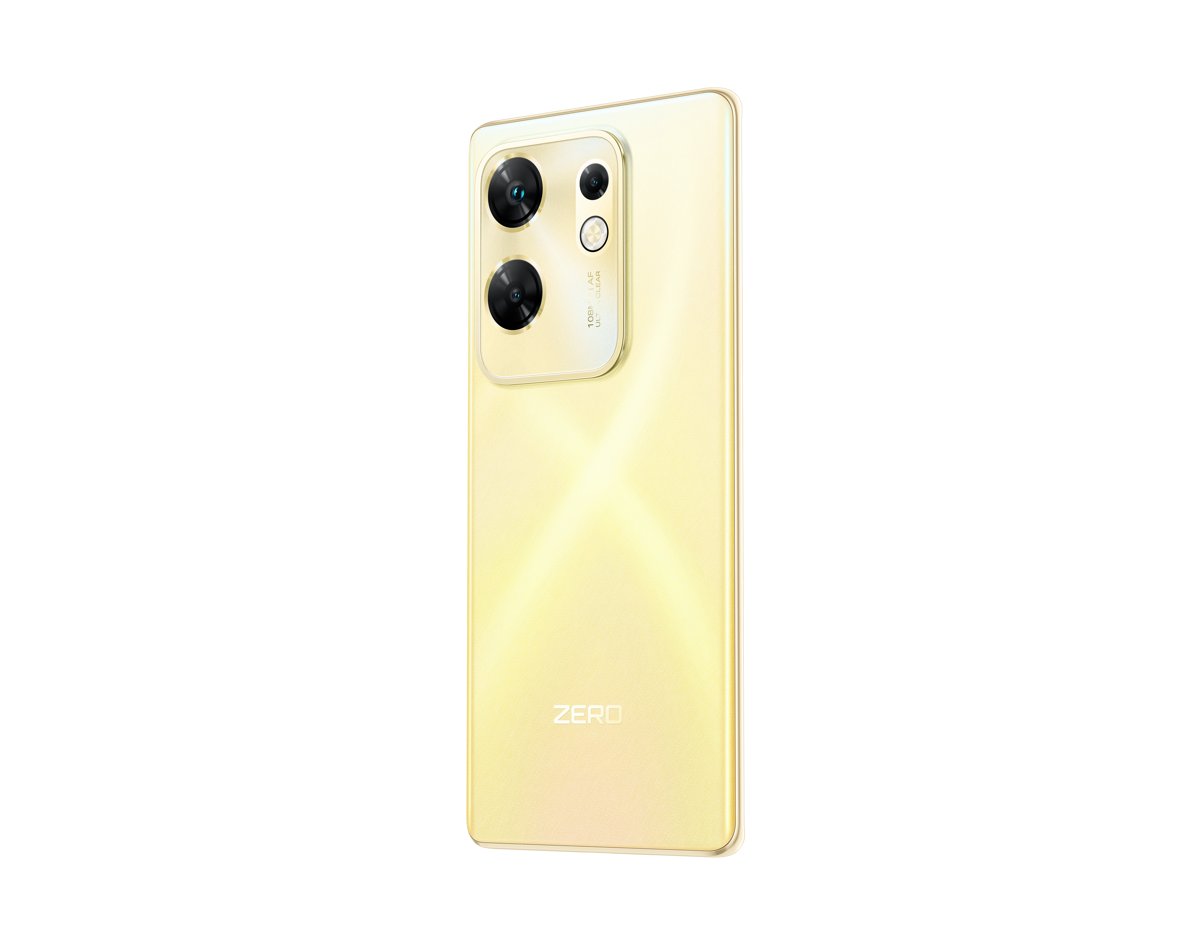 Arkada çift kameralı krem rengi telefon. 'ZERO' metni görünür.