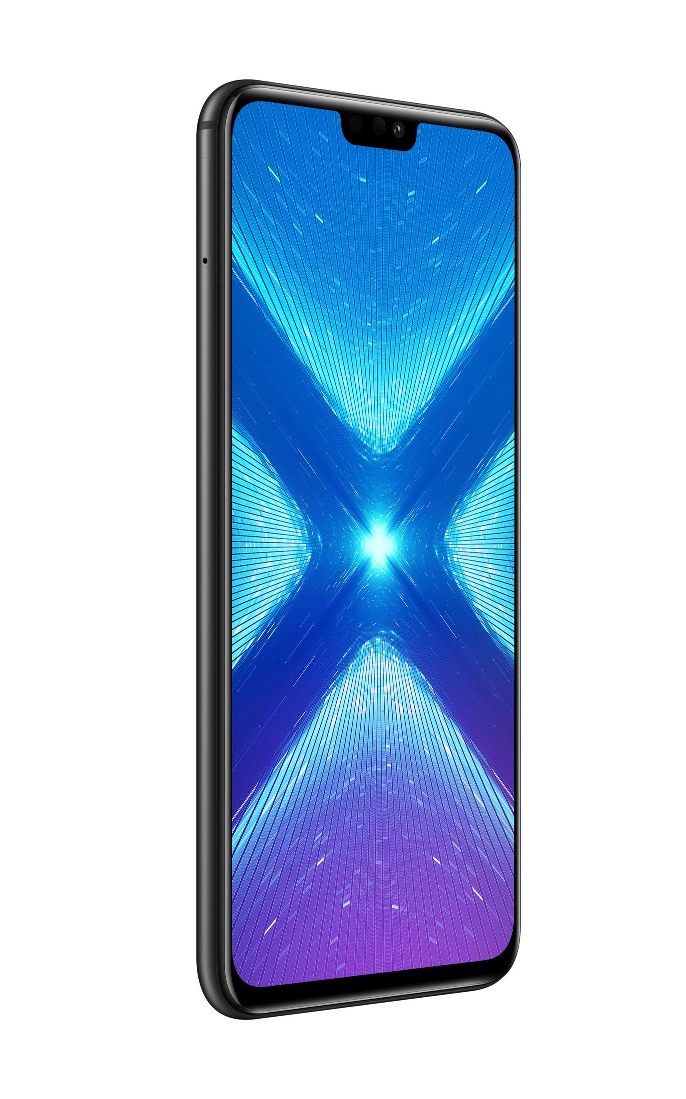Schwarzes Smartphone mit blauem Bildschirm. Display zeigt blaues und violettes abstraktes Design.