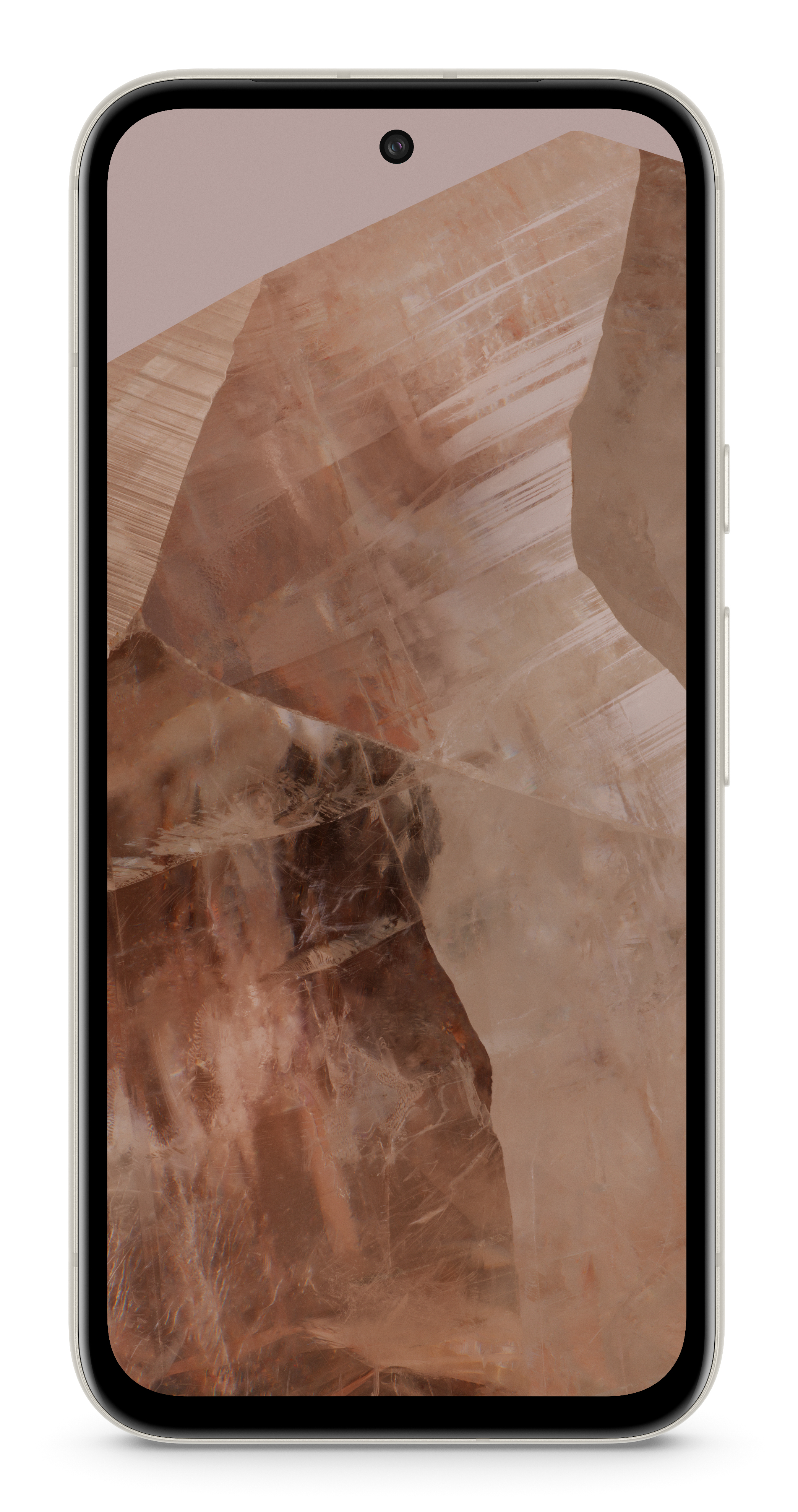 Smartphone con marco claro, mostrando un patrón abstracto marrón en su pantalla.