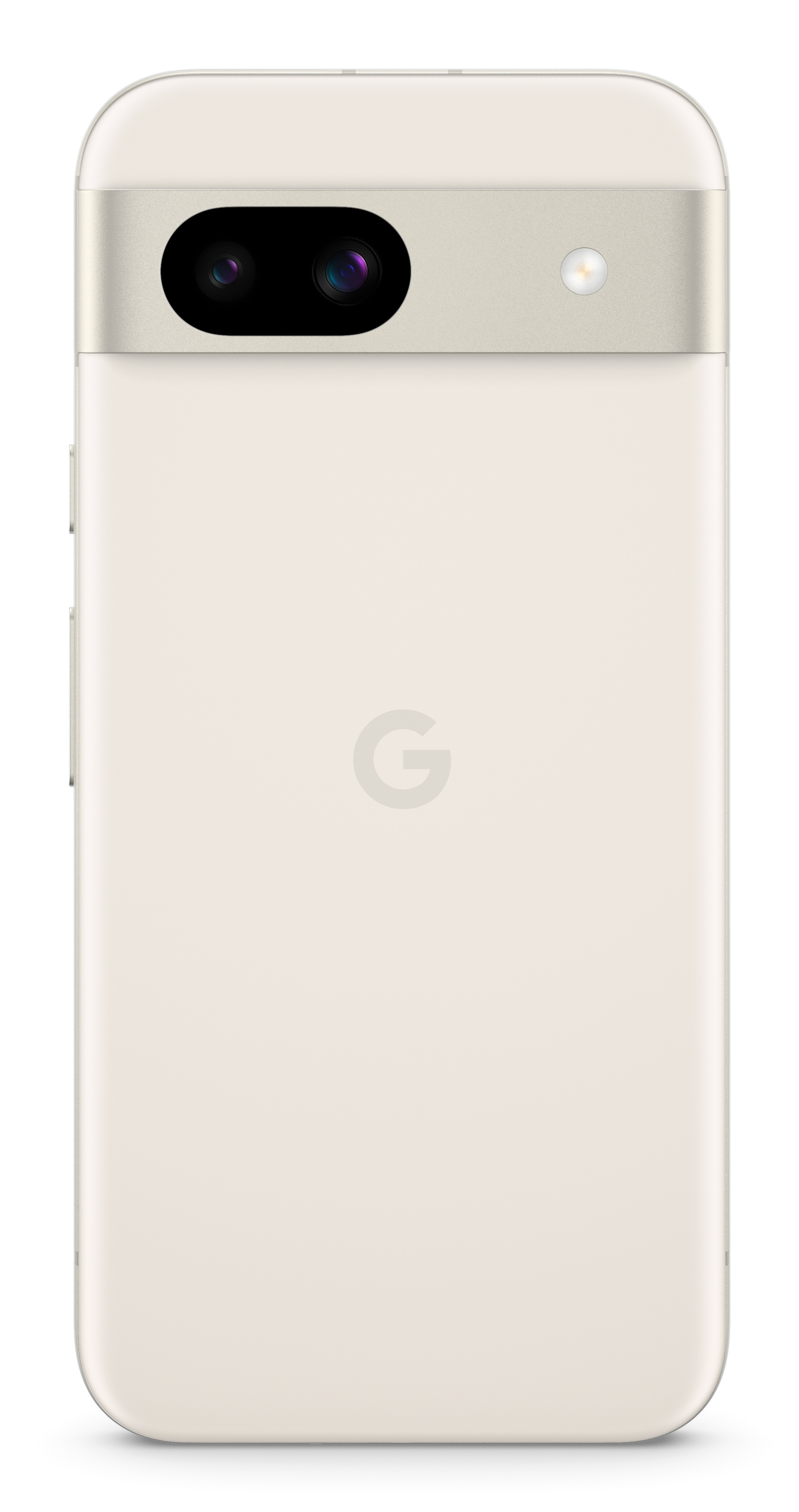 Parte trasera de un teléfono crema con logo de Google, cámara y flash sobre fondo blanco.