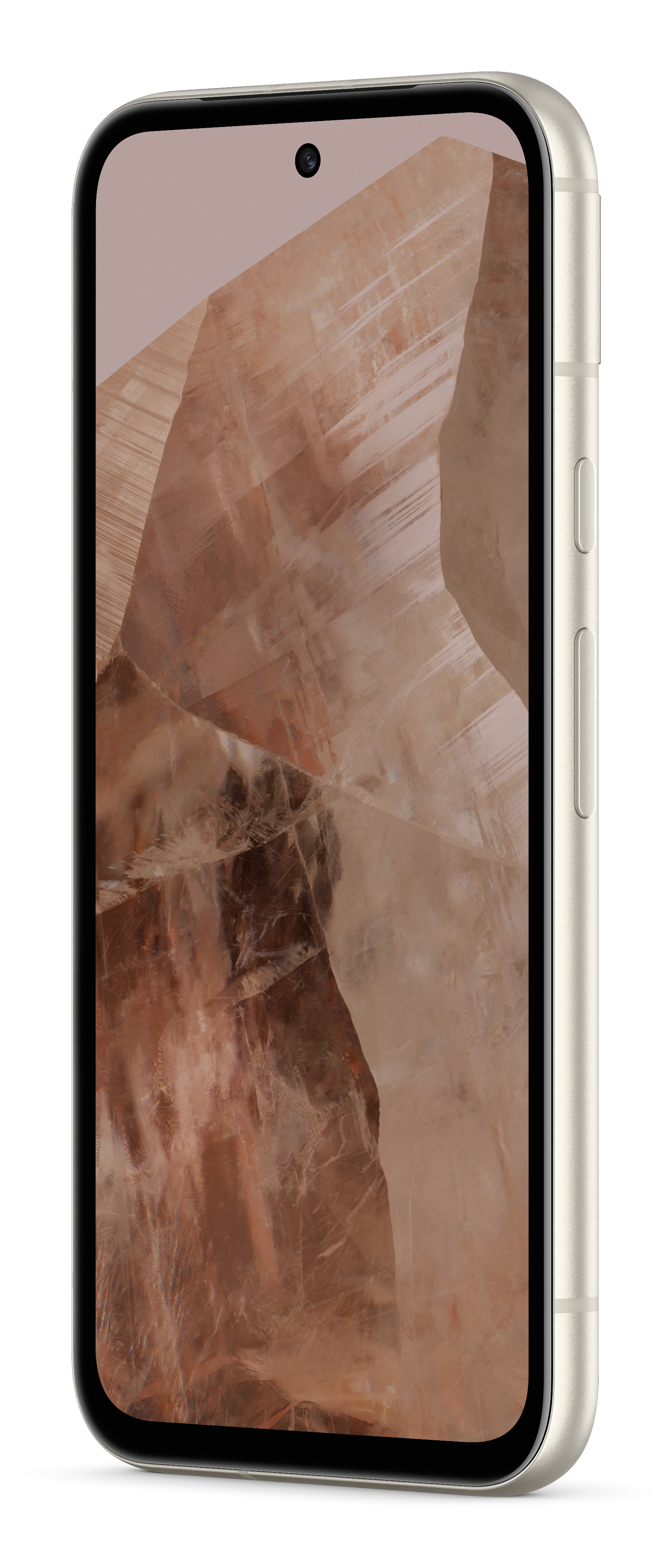 Smartphone en perfil lateral, con color claro. El fondo es un patrón de piedra.