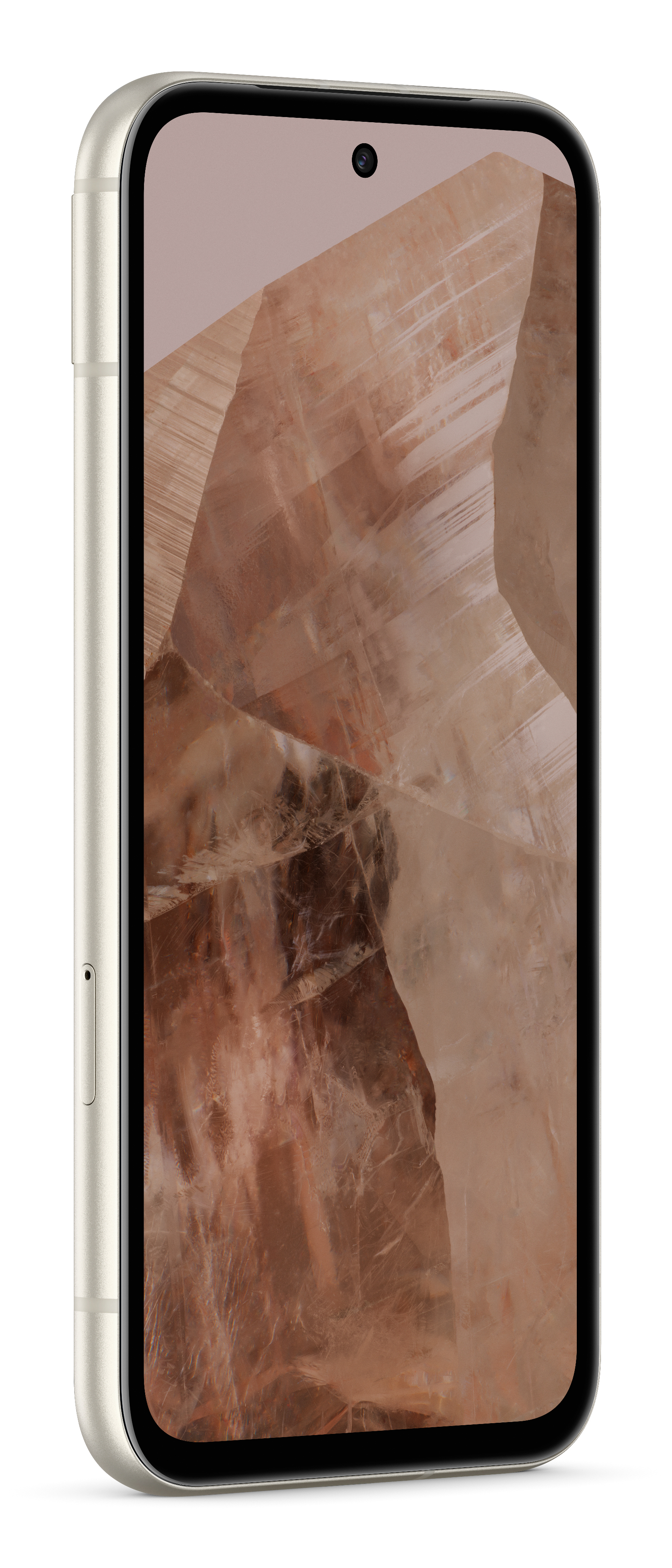 Un teléfono dorado en perspectiva. La pantalla muestra un diseño abstracto marrón.
