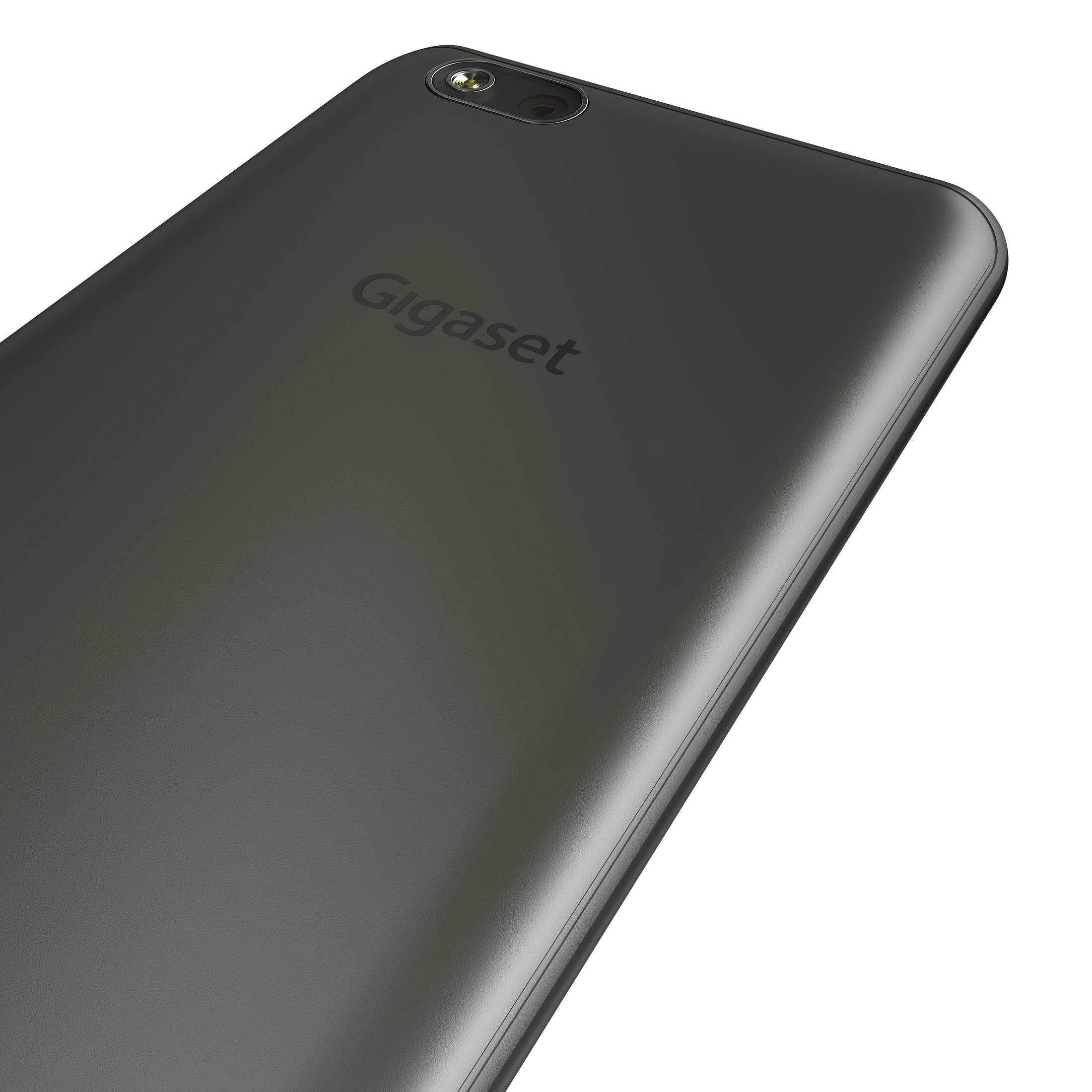 Nahaufnahme der schwarzen Gigaset-Telefonrückseite mit Kameraobjektiv.
