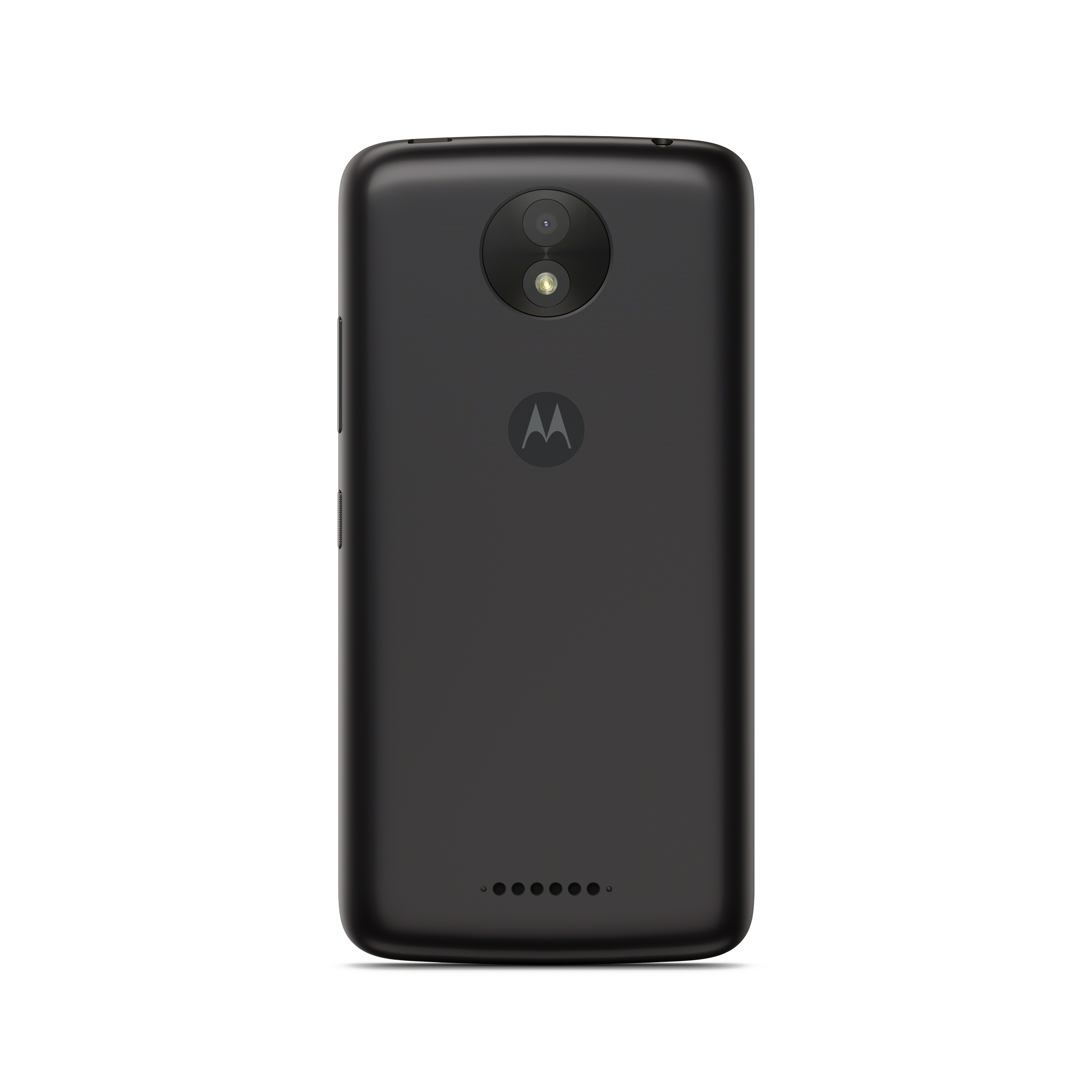 Rückseite eines schwarzen Smartphones. Kamera, Motorola-Logo.