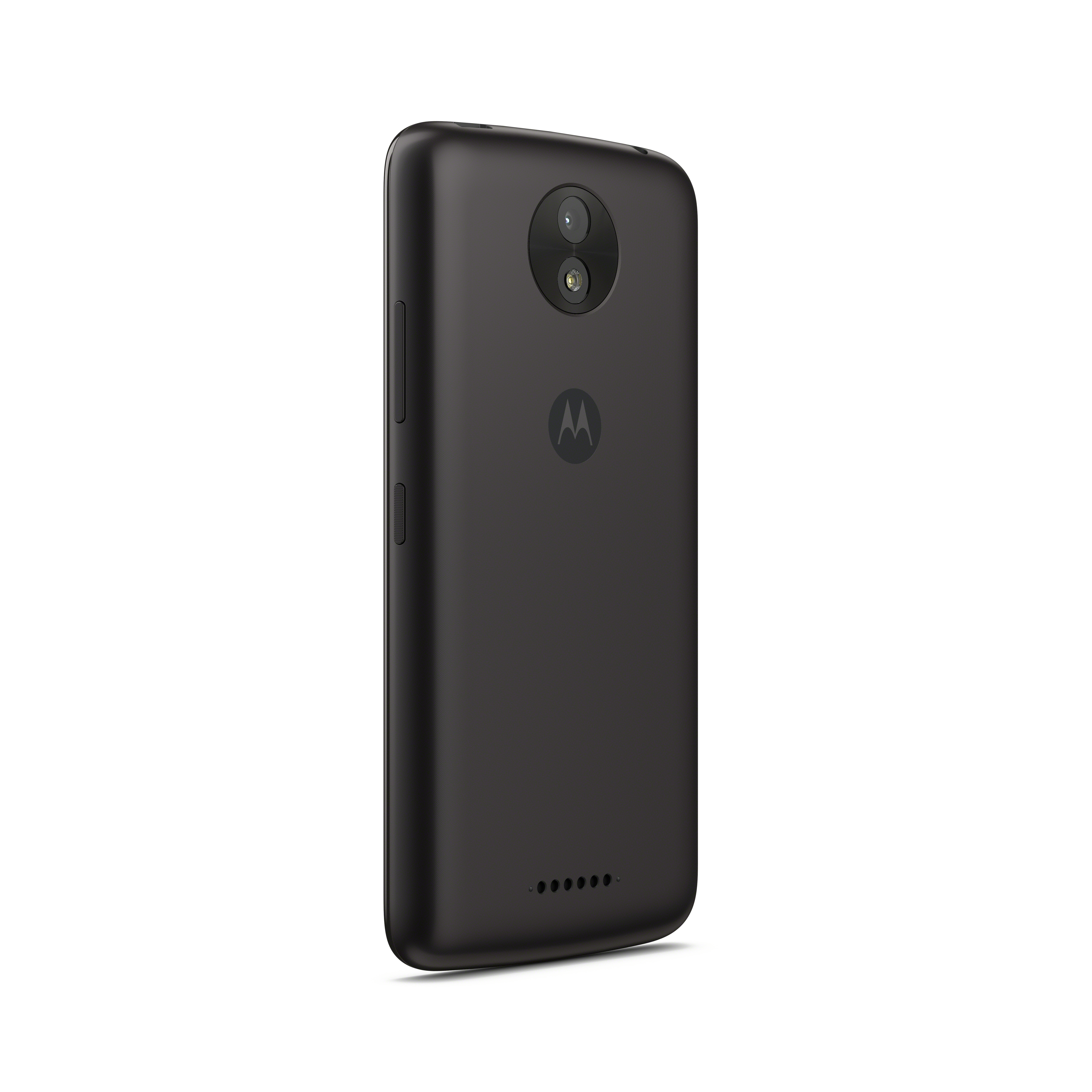 Rückseite eines schwarzen Smartphones, Kamera und Motorola-Logo zeigend.