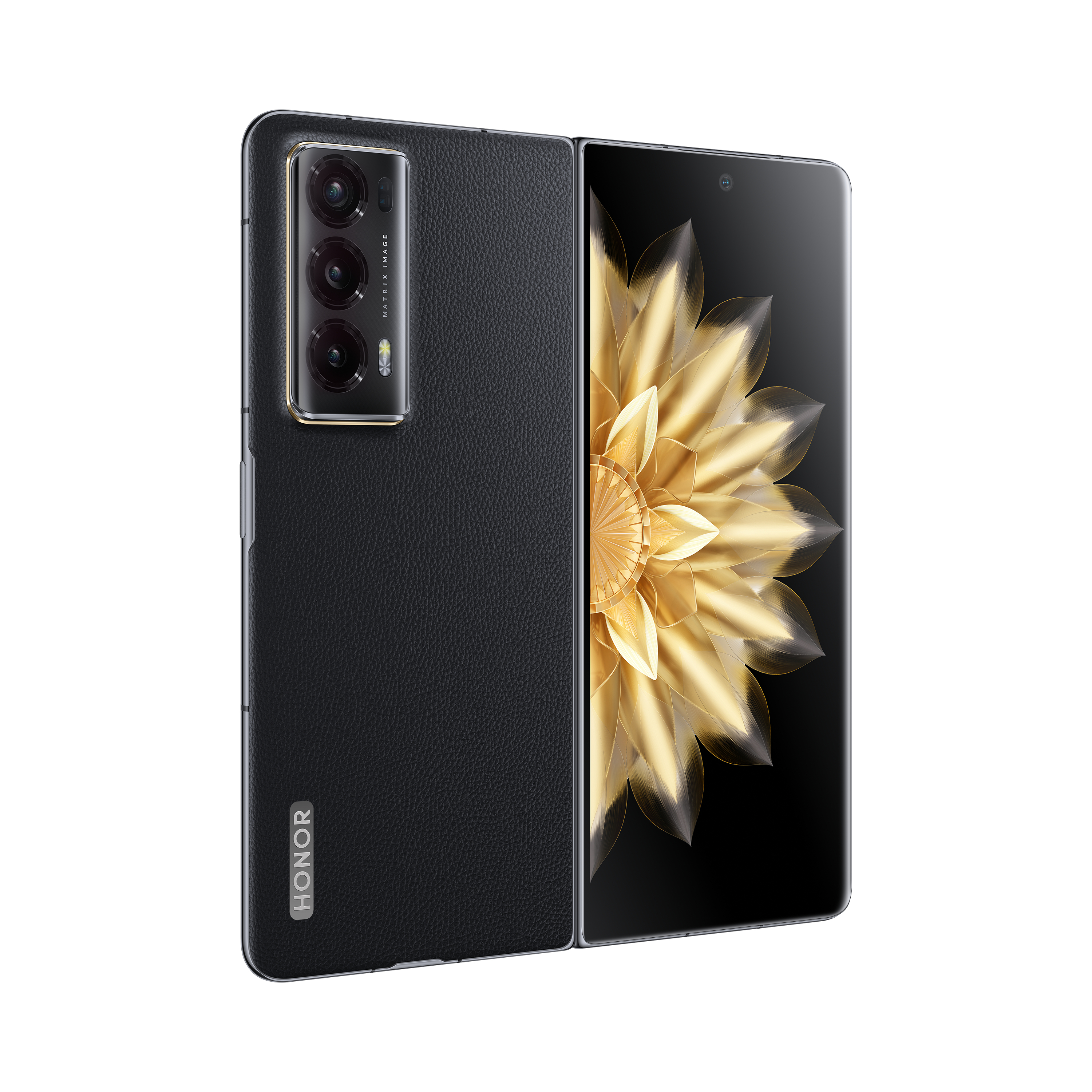 Siyah katlanabilir akıllı telefon, kapalı ve açık, çift kamera modülü ve 'HONOR' logosu.