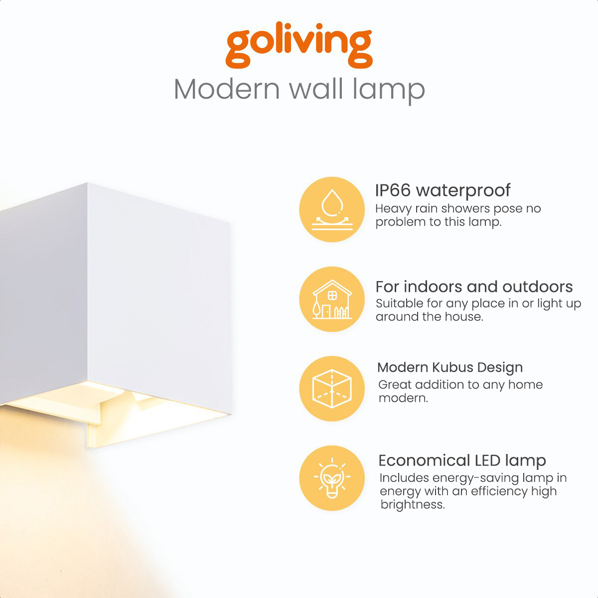 Moderne weiße Wandlampe mit Text zu Eigenschaften: wasserdicht, innen/außen, modernes Design, LED-Lampe.