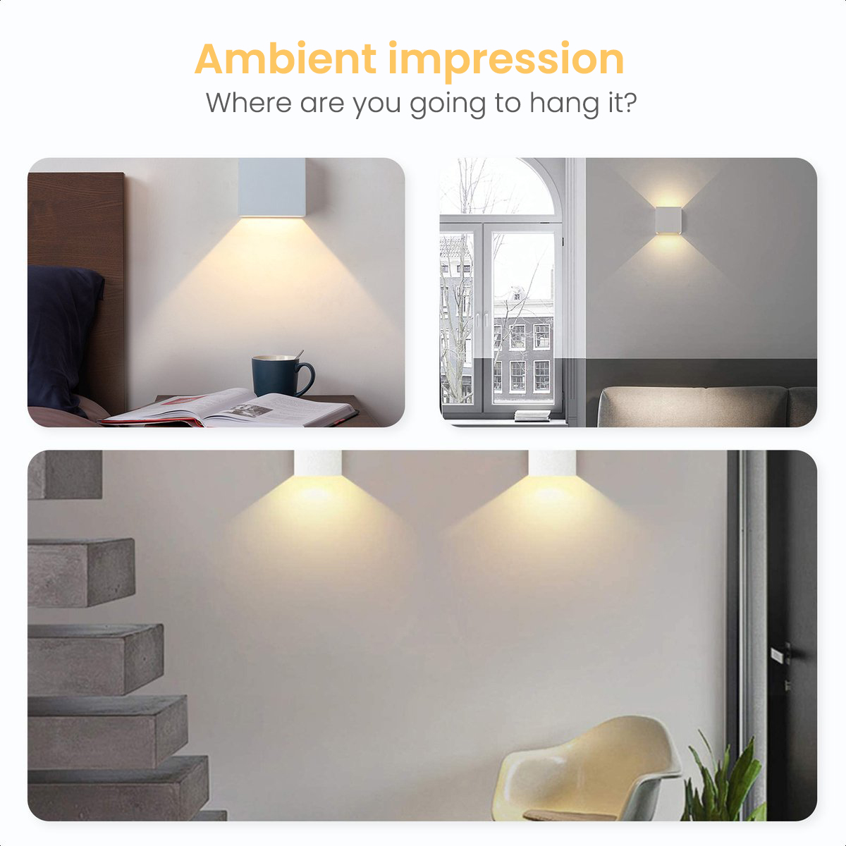 Zwei weiße Wandleuchten mit warmer Beleuchtung, die den Raumeindruck zeigen.