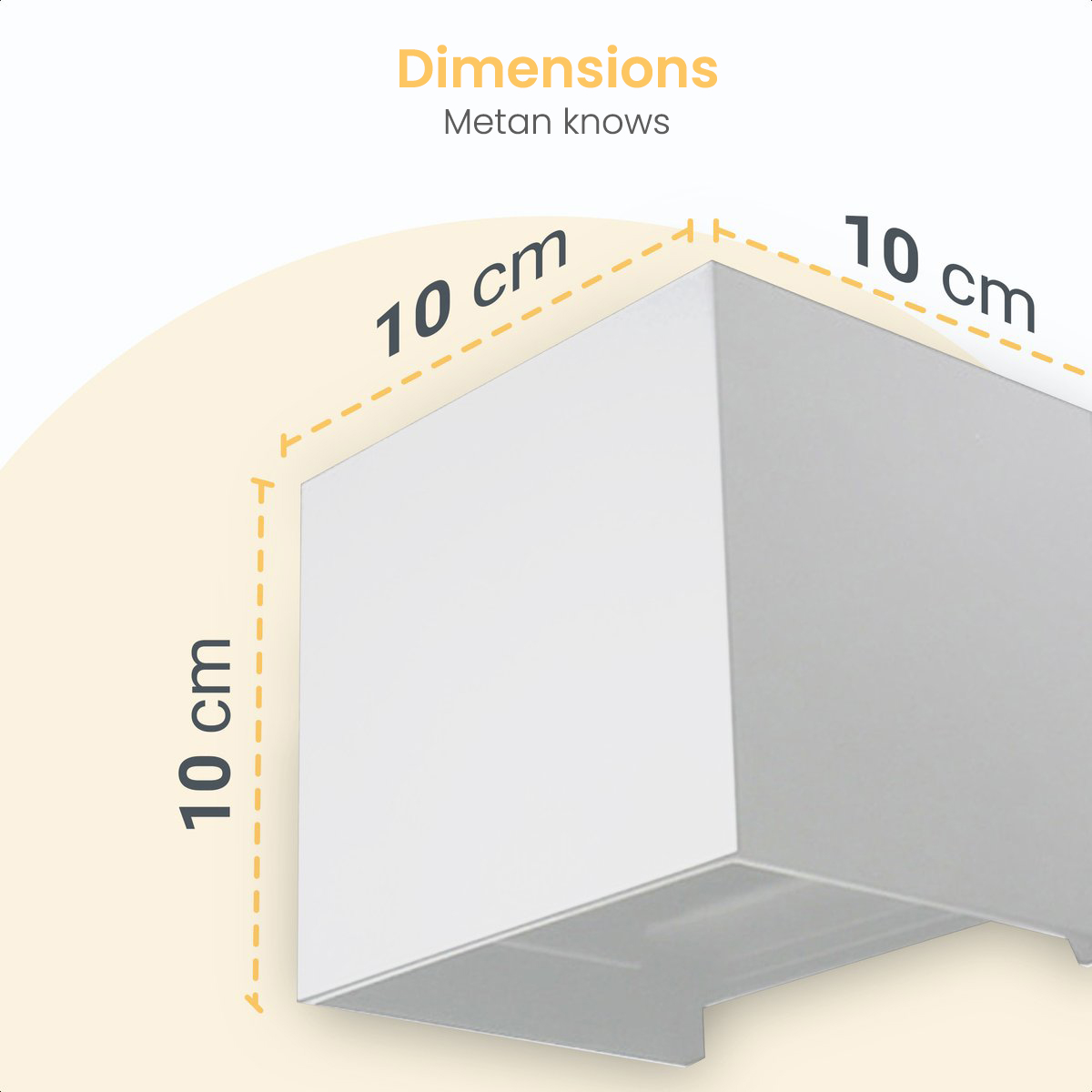 Eine weiße Box mit den Abmessungen 10 cm beschriftet.