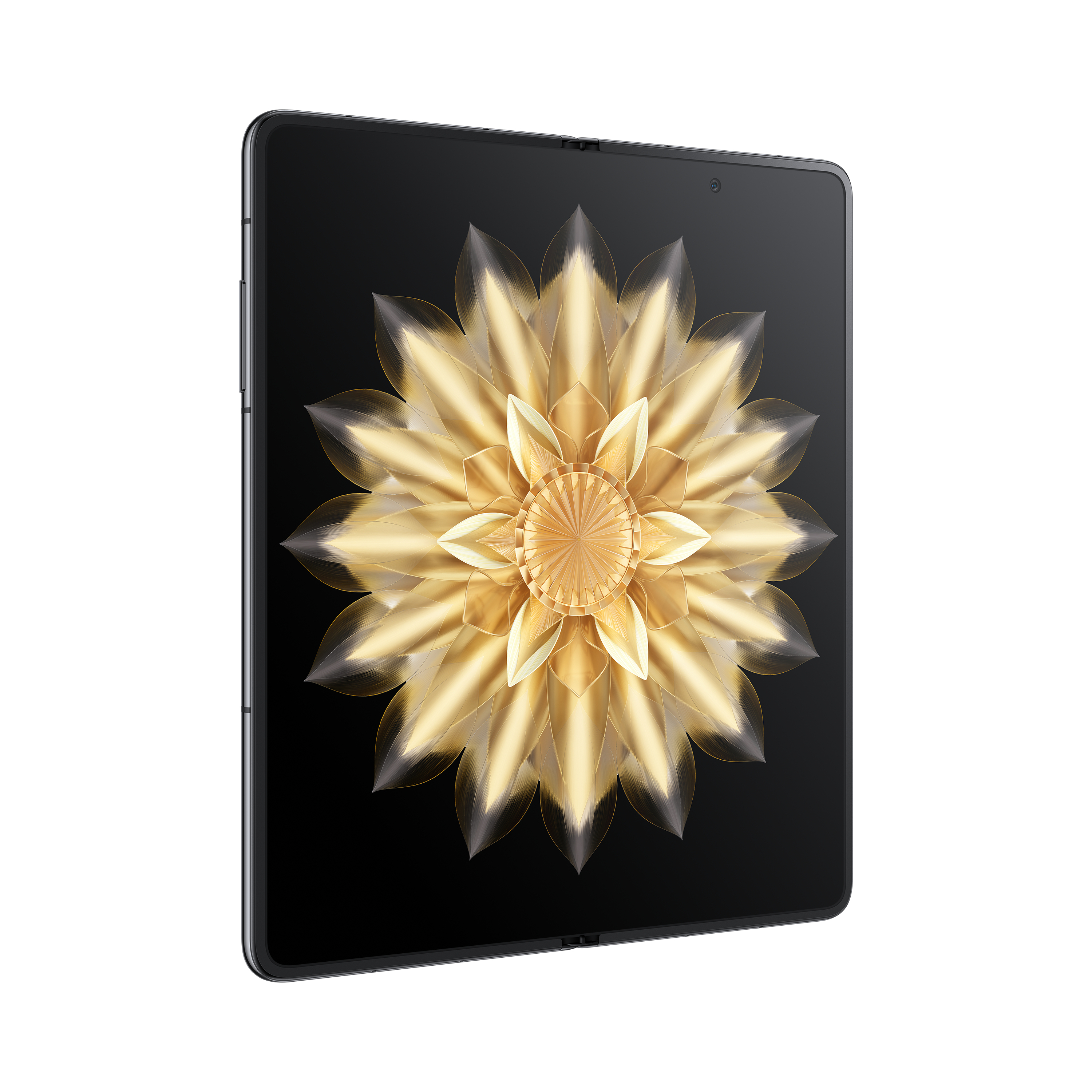 Składany telefon otwarty, ze złotym wzorem w kształcie kwiatu na wyświetlaczu.
