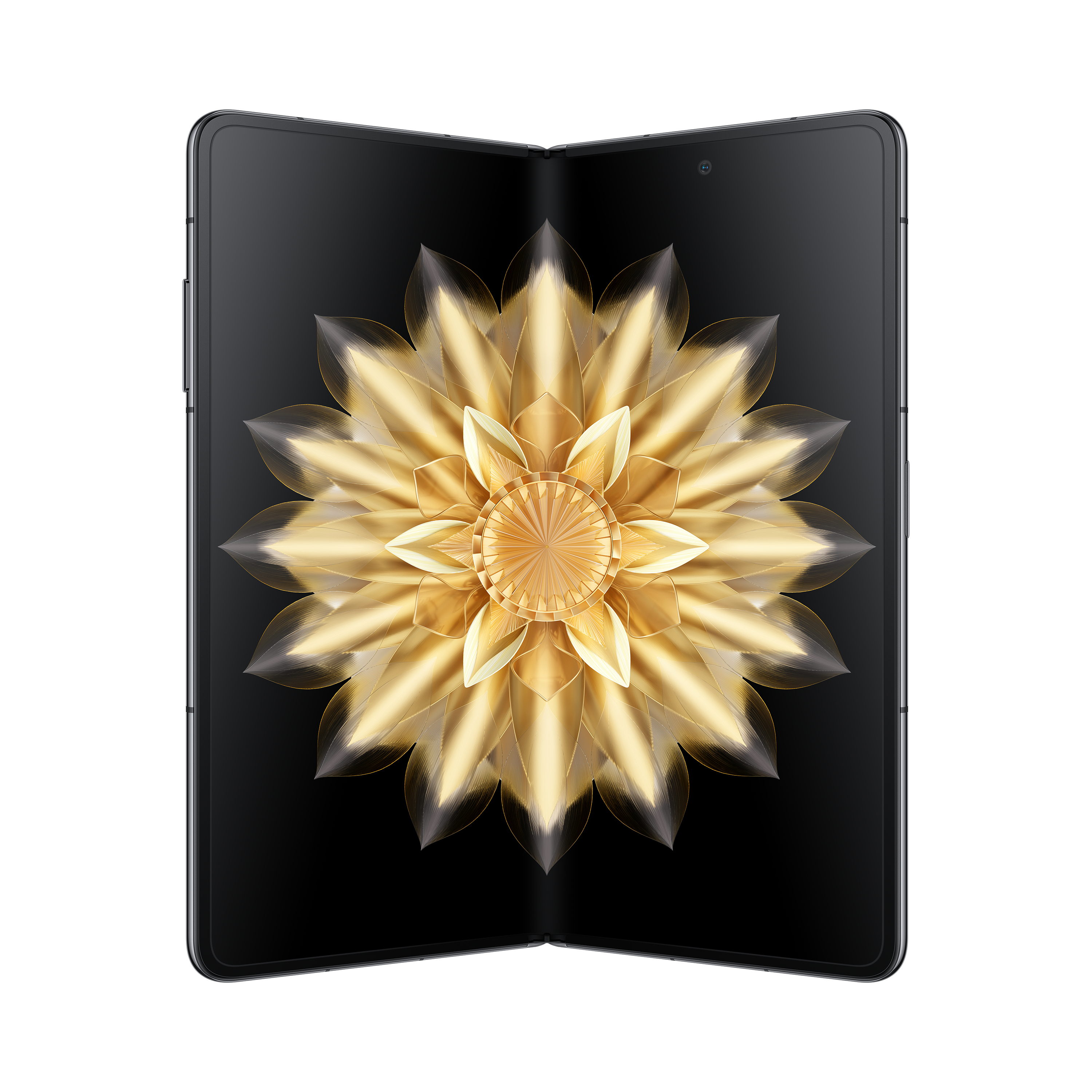 Składany telefon, otwarty, pokazujący złoty kwiatowy wzór na czarnym ekranie. Białe tło.