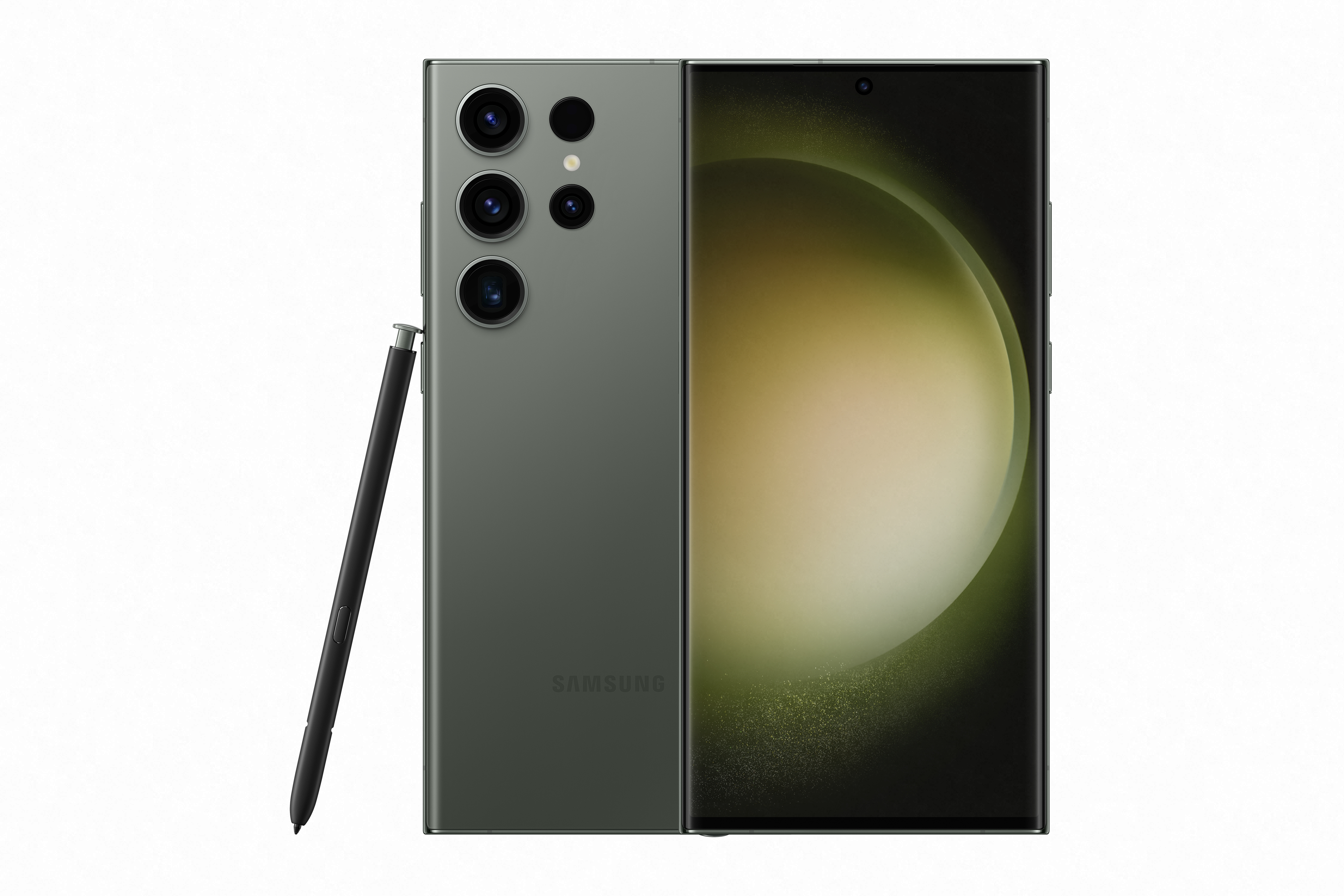 Samsung Galaxy S23 Ultra telefonu, arka ve ön yüzü gösteriyor. S-Pen solda.